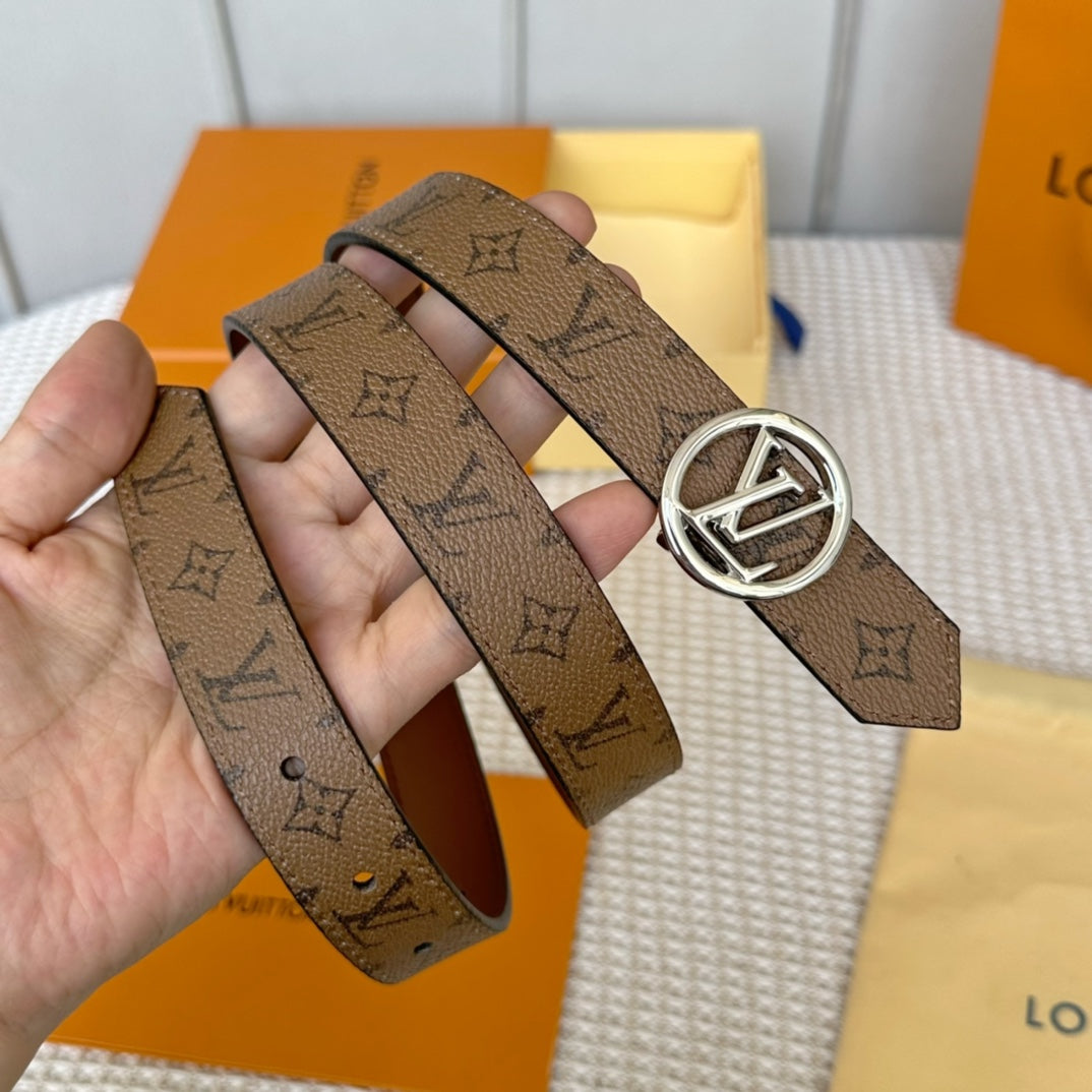 LV CIRCLE 25MM REVERSIBLE BELT MEDIUM BROWN MONOGRAM CALFSKIN SILVER HARDWARE
