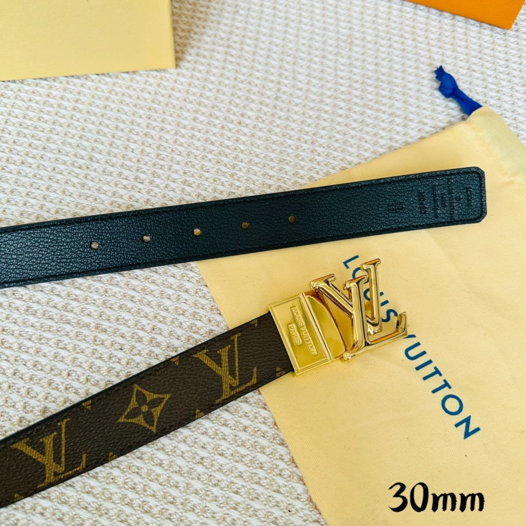 LV Initiales 30mm Reversible Belt Gold Rotating Buckle Black Brown Leather