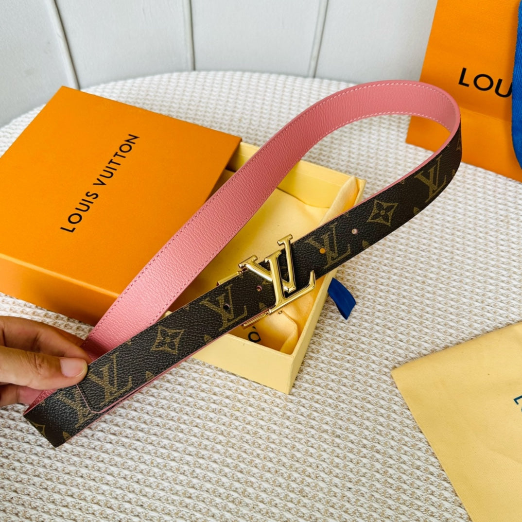 LV Initiales 30mm Reversible Belt Gold Rotating Buckle Pink Brown Leather