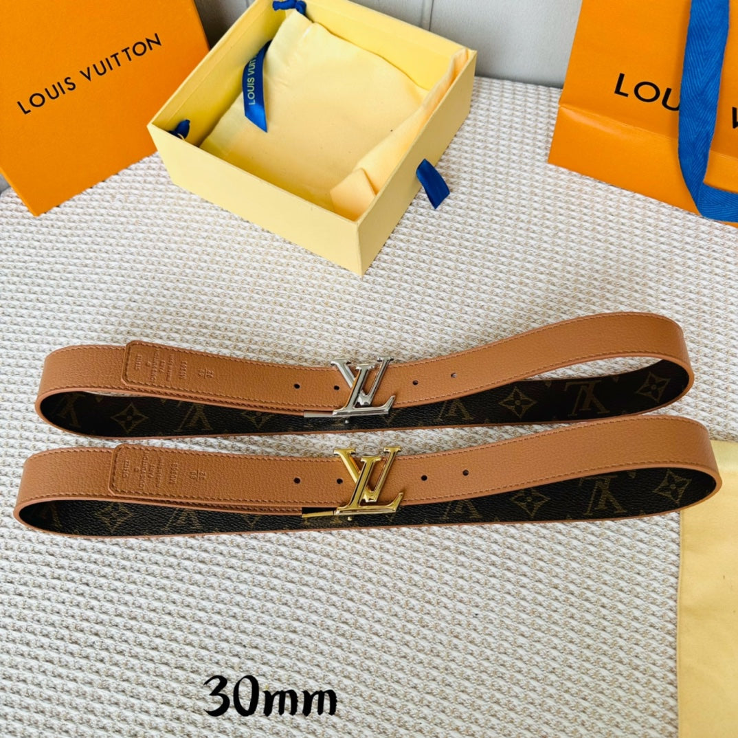 LV Initiales 30mm Reversible Belt Gold Rotating Buckle Tan Brown Leather