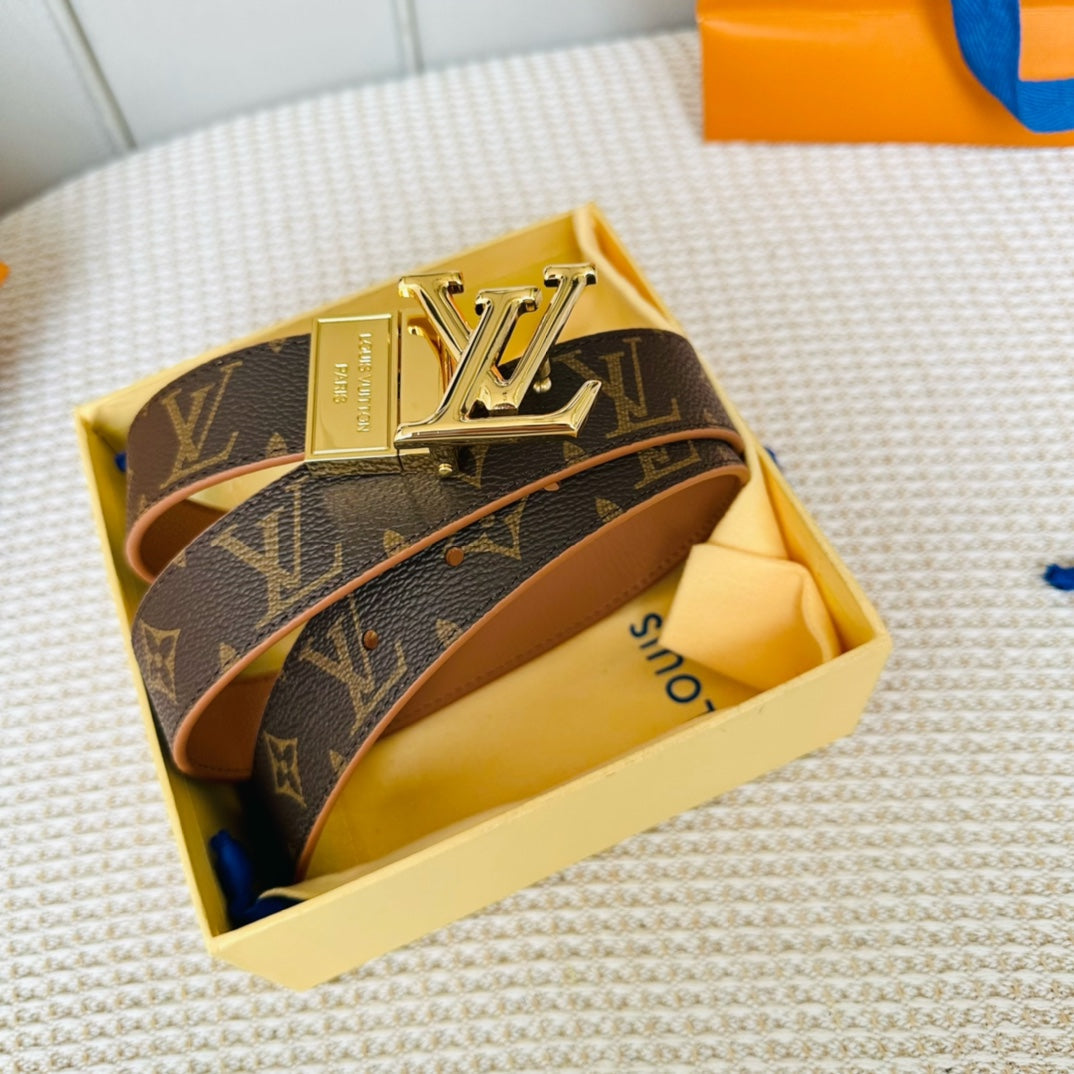 LV Initiales 30mm Reversible Belt Gold Rotating Buckle Tan Brown Leather