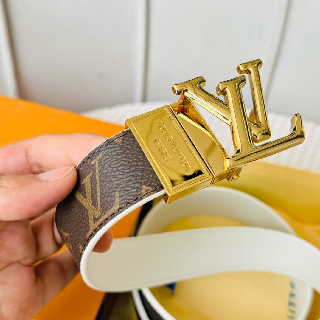 LV Initiales 30mm Reversible Belt Gold Rotating Buckle White Brown Leather