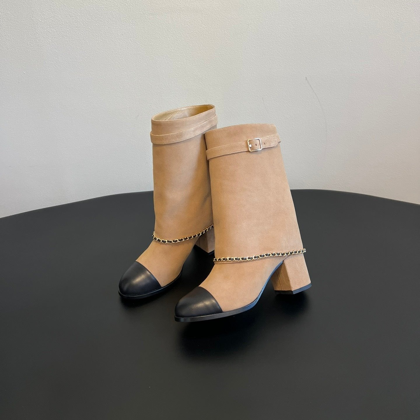 CC Short Boots Dark Beige With Chain Suede And Cowhide  944965