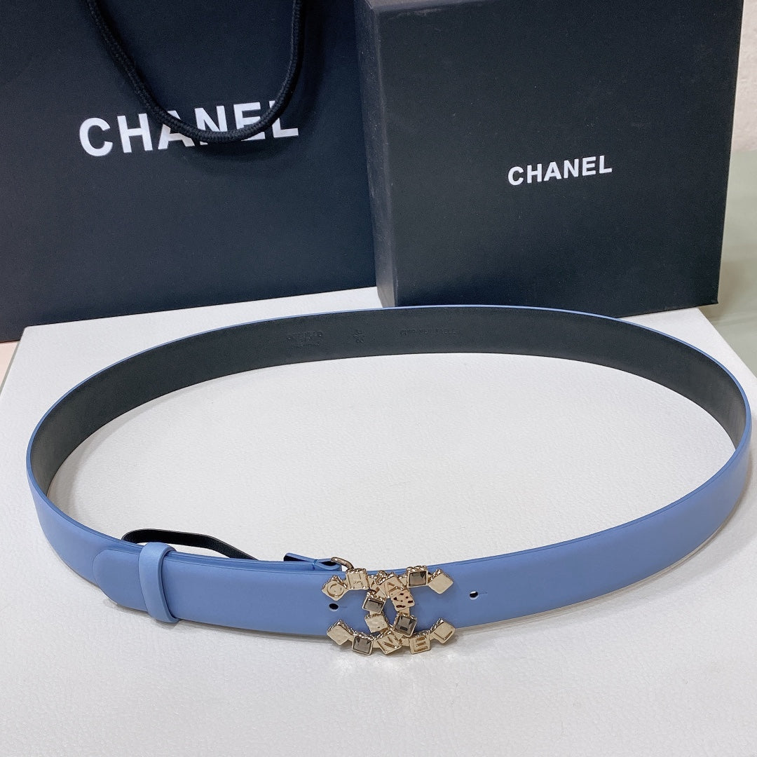 CHANEL BELT 3CM IN STAR COMMAND BLUE AND BLACK LAMBSKIN WITH CRYSTAL GOLD HARDWARE