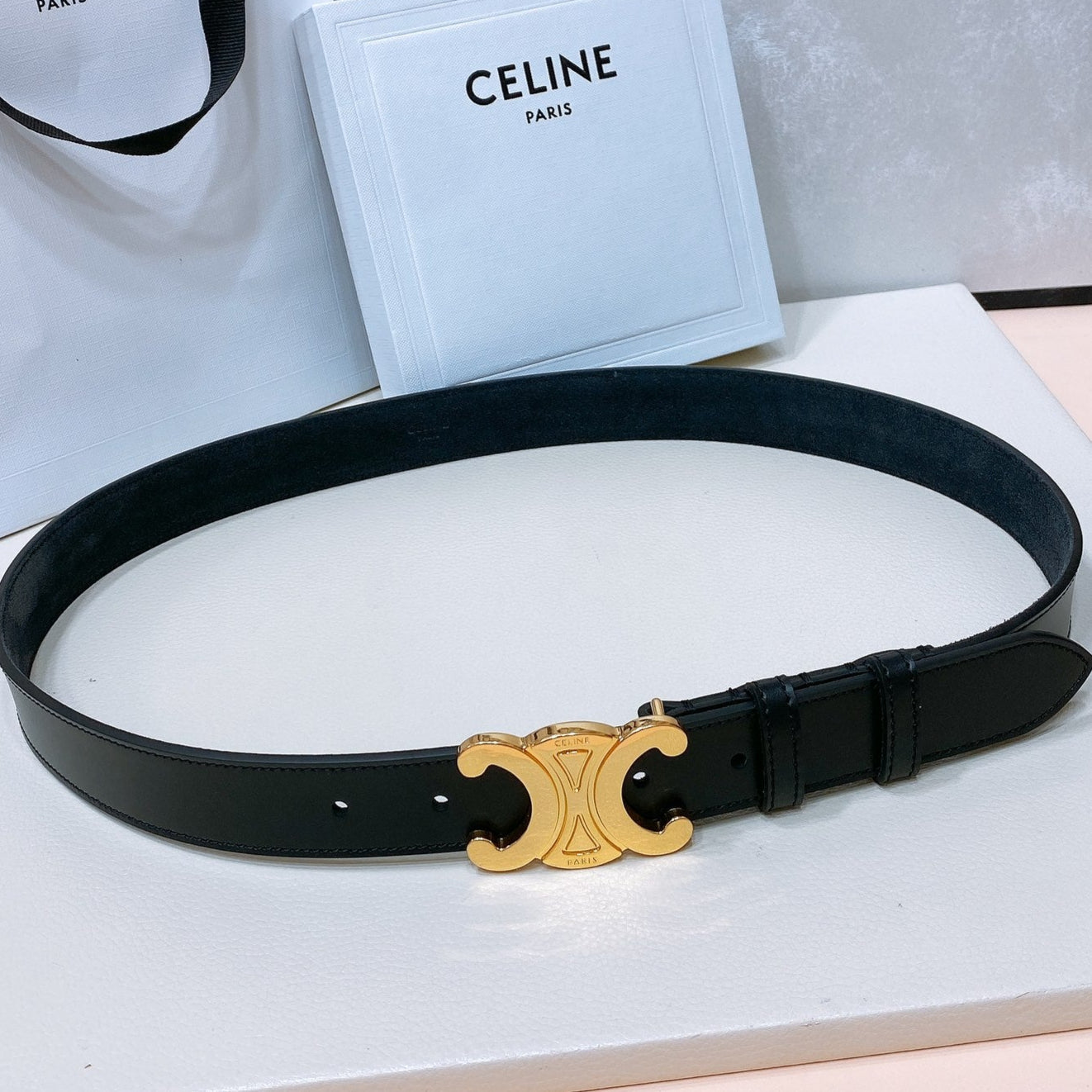 CEL Gold Buckle Belt 30mm Black Calfskin 176403