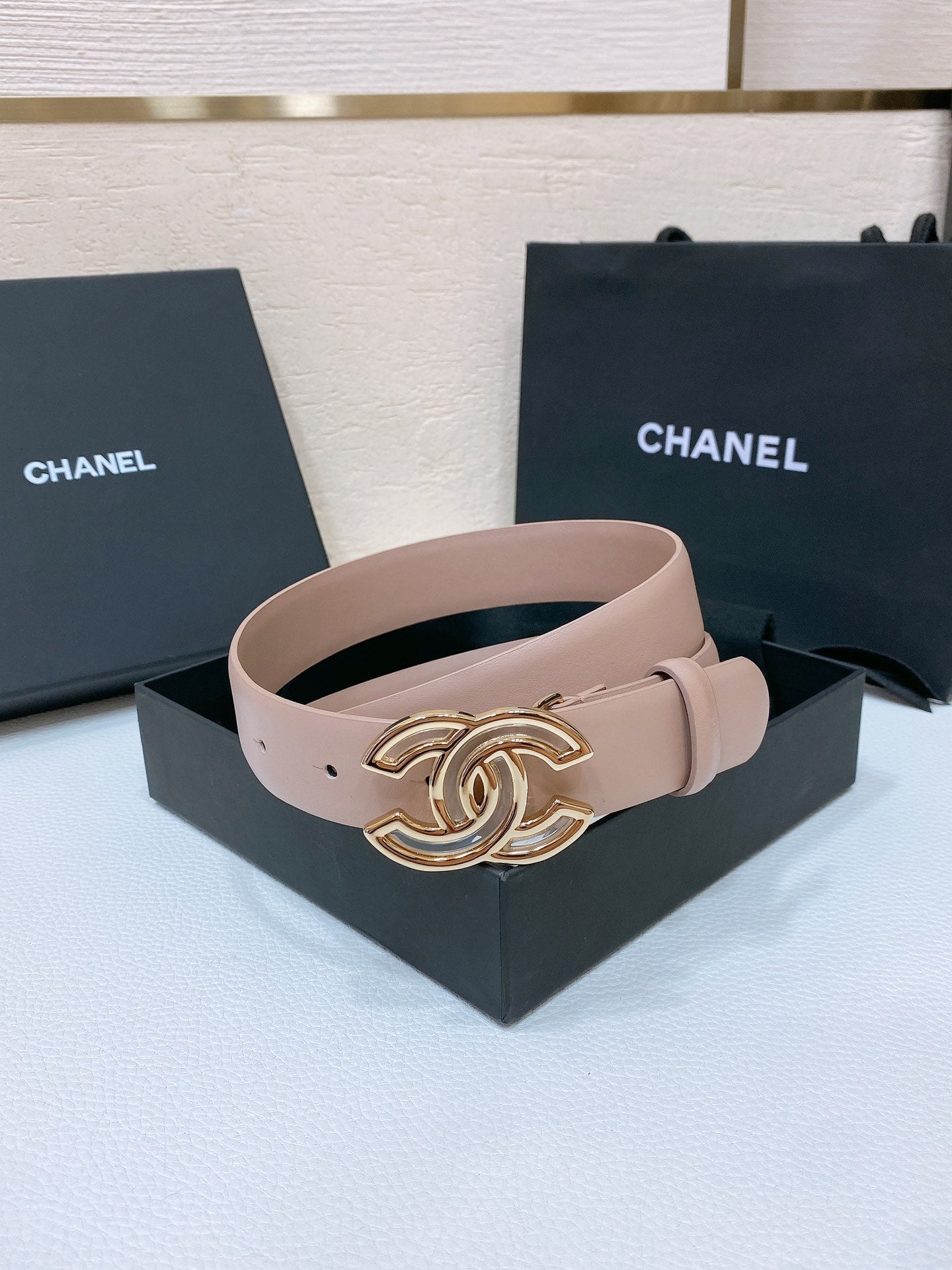 CHANEL BELT 3CM IN ROSY BROWN LAMBSKIN GOLD HARDWARE