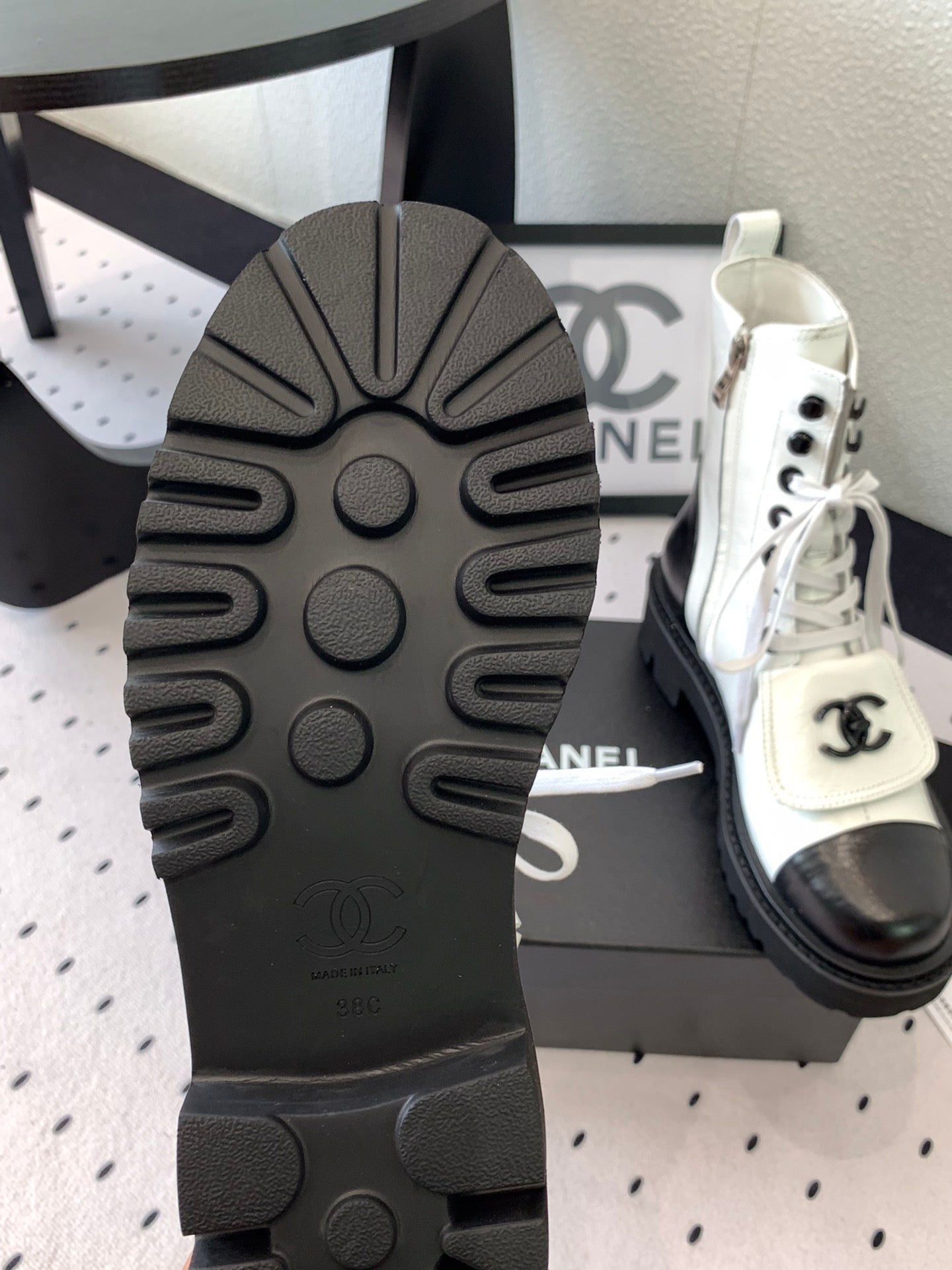 CC Short Boots In White Mix Black Logo Print Lambskin 938060