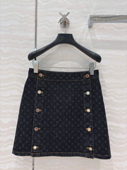 LV 25 Monogram Jacquard Logo Denim Skirt Black Cotton