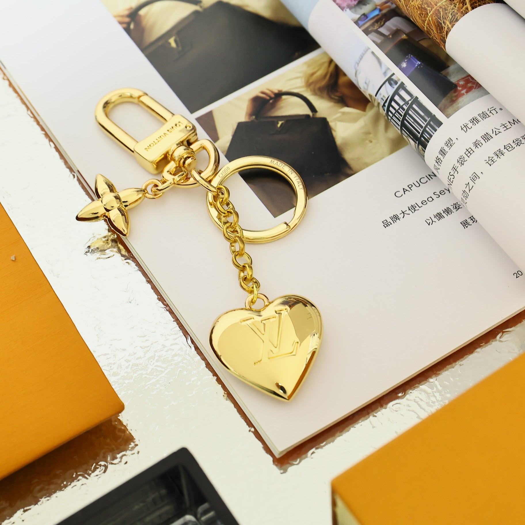 LV Gold Heart-shaped Keychain Bag Charm