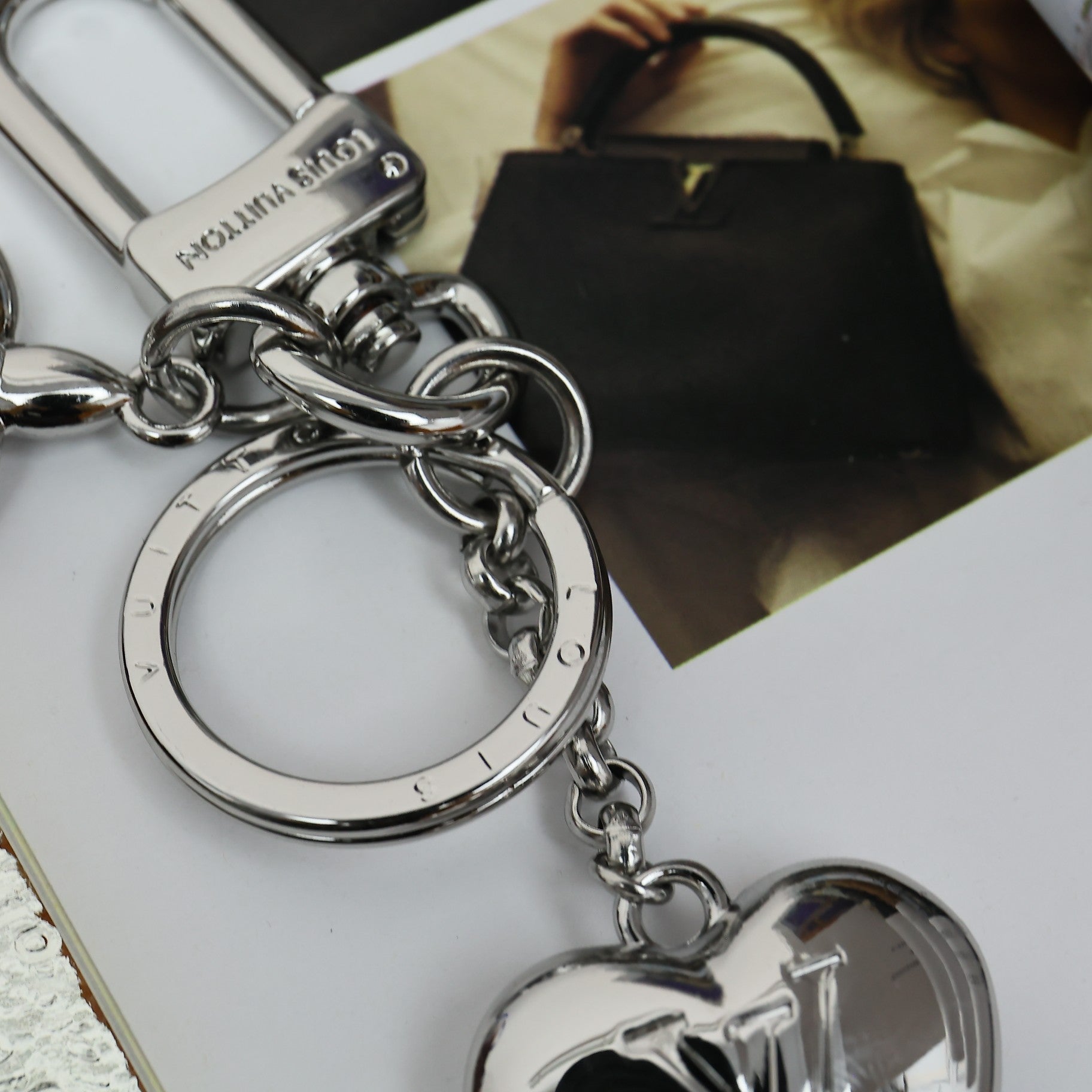 LV Silver Heart-shaped Keychain Bag Charm