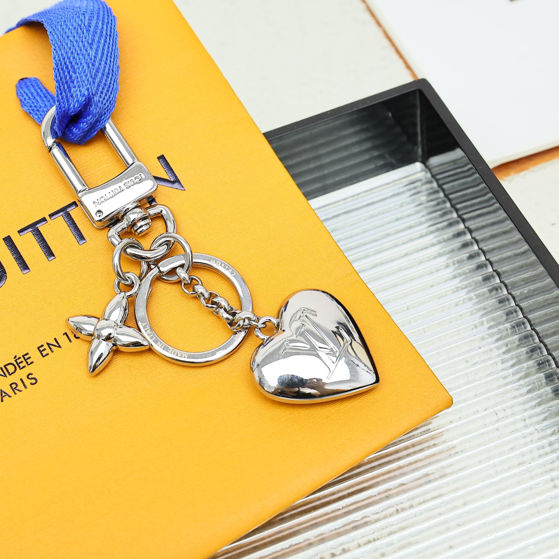LV Silver Heart-shaped Keychain Bag Charm