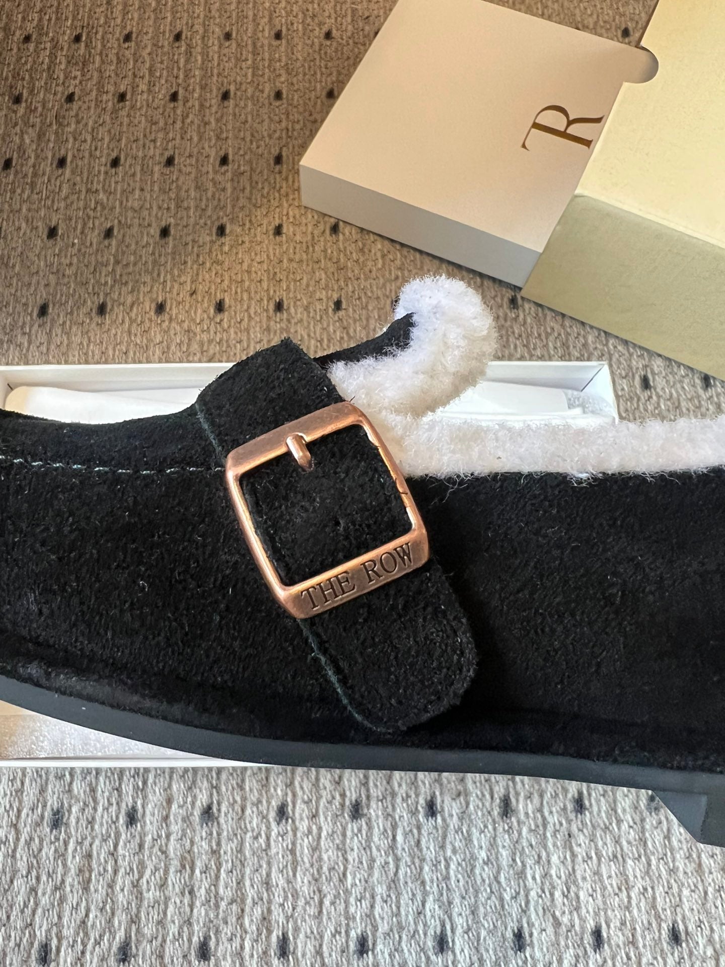 The Row 2025 Shearling Loafer Black White Suede Wool 561601