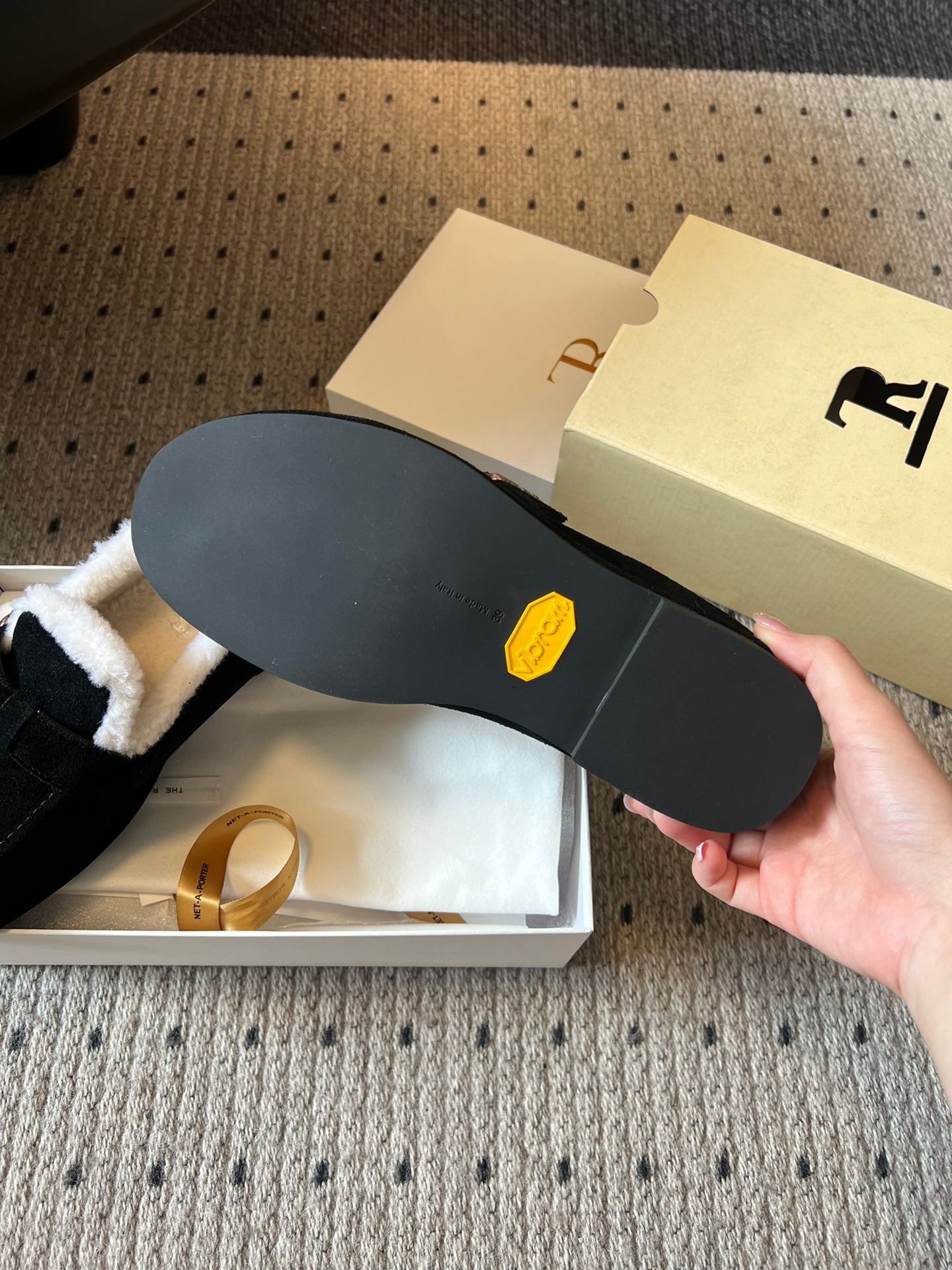 The Row 2025 Shearling Loafer Black White Suede Wool 561601