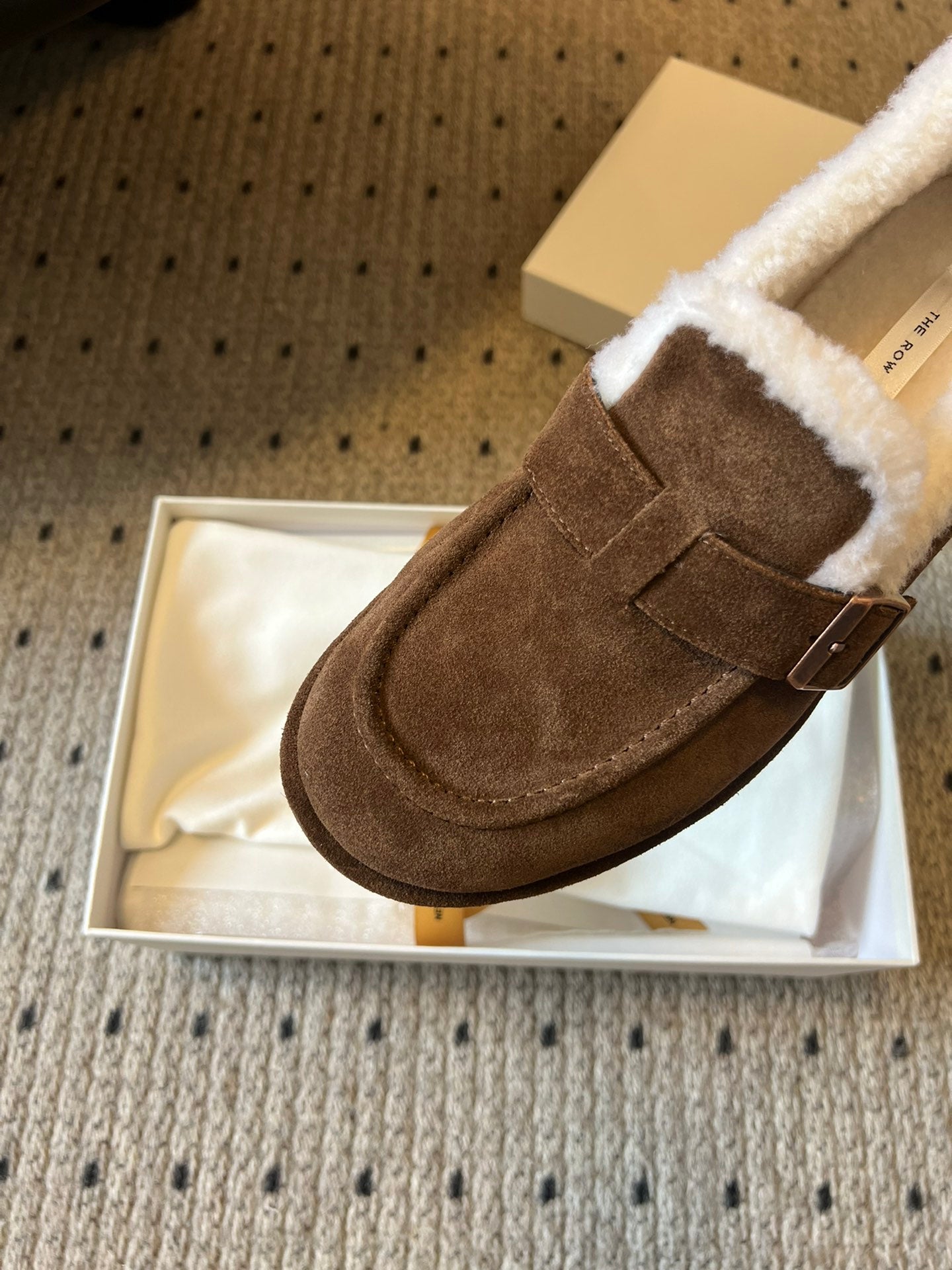 The Row 2025 Shearling Loafer Brown White Suede Wool 561602