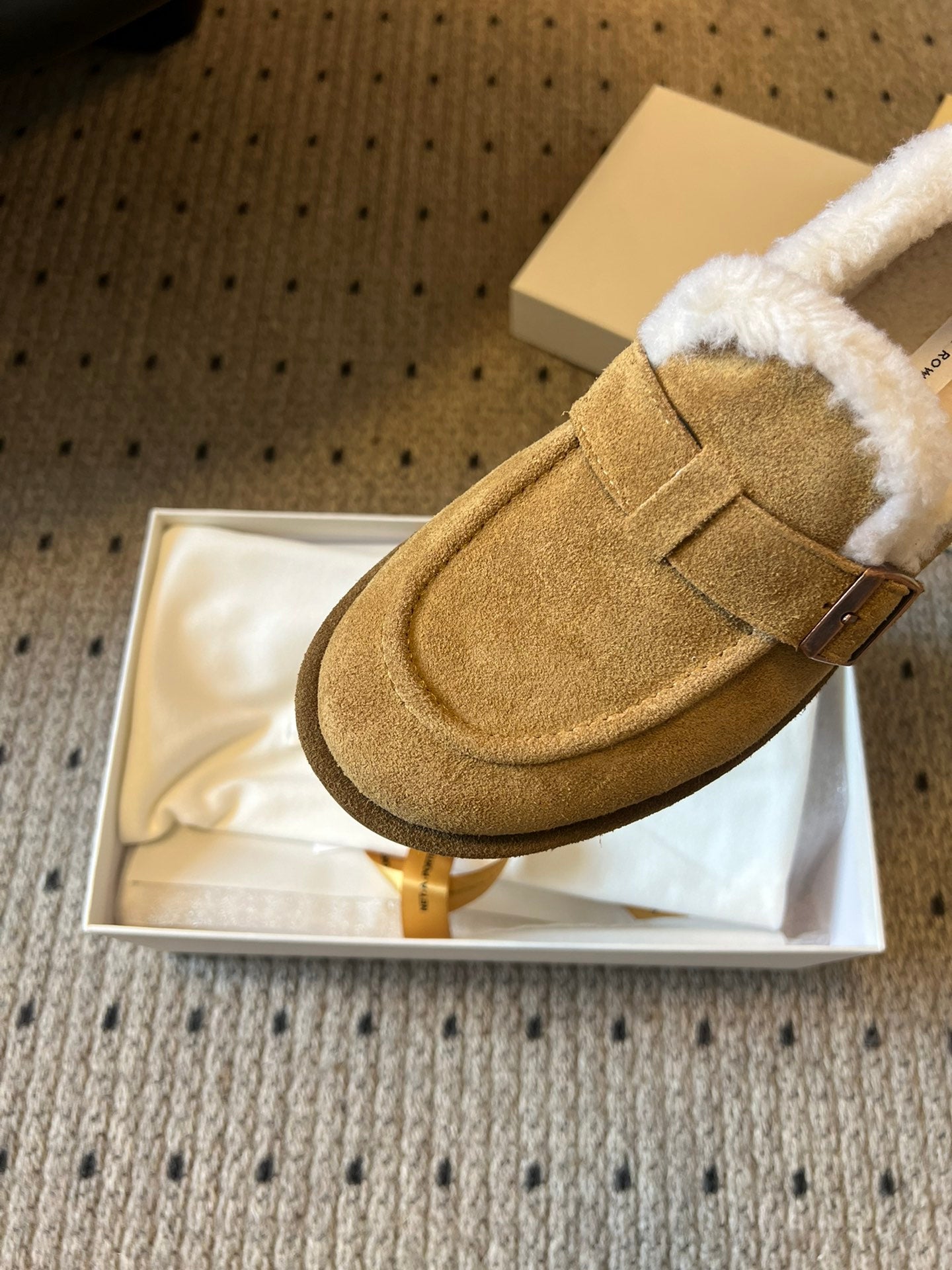 The Row 2025 Shearling Loafer Tan White Suede Wool 561603
