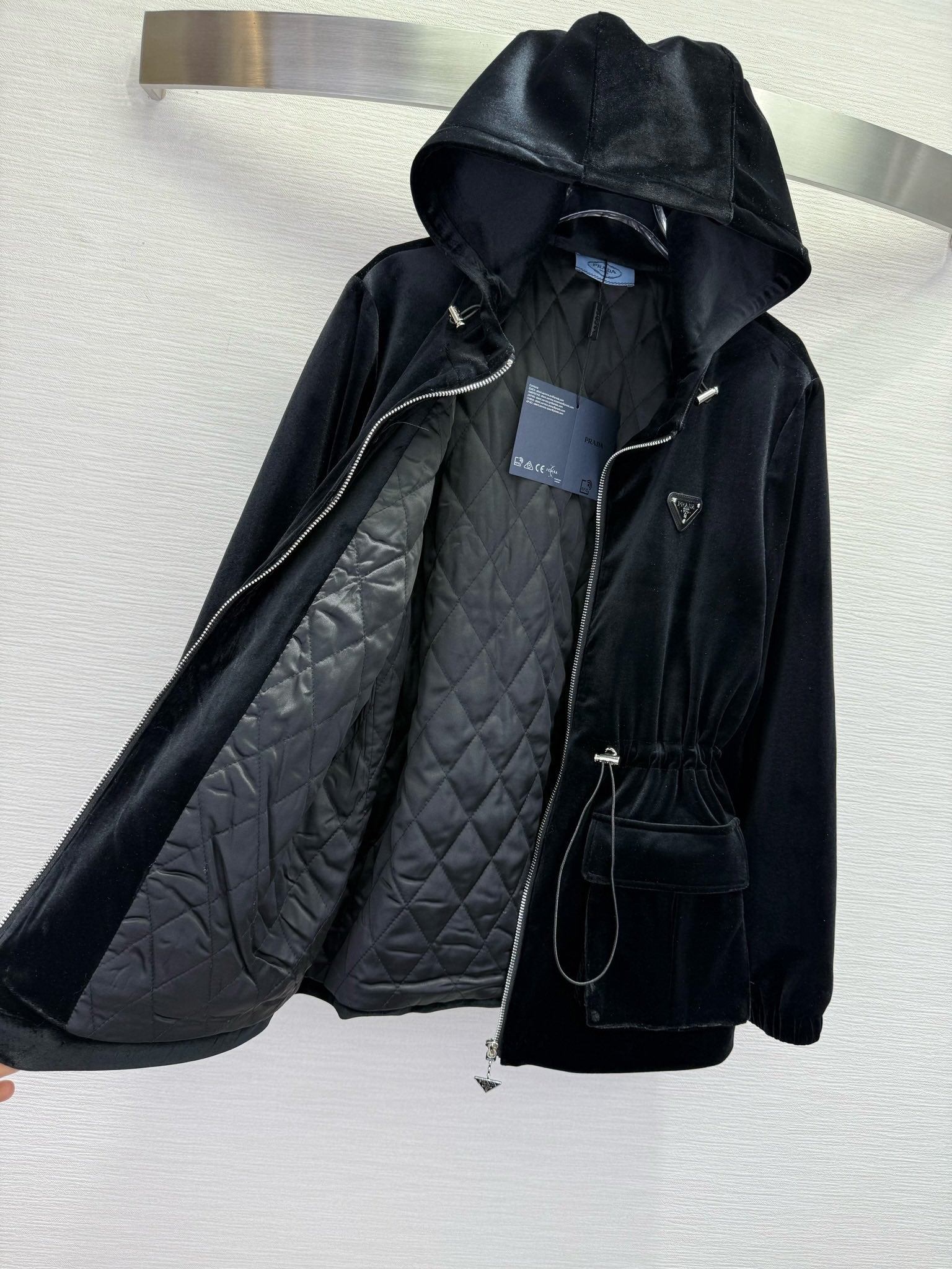 Prada 2025 Drawstring Waist Hooded Jacket Black Silk Velvet