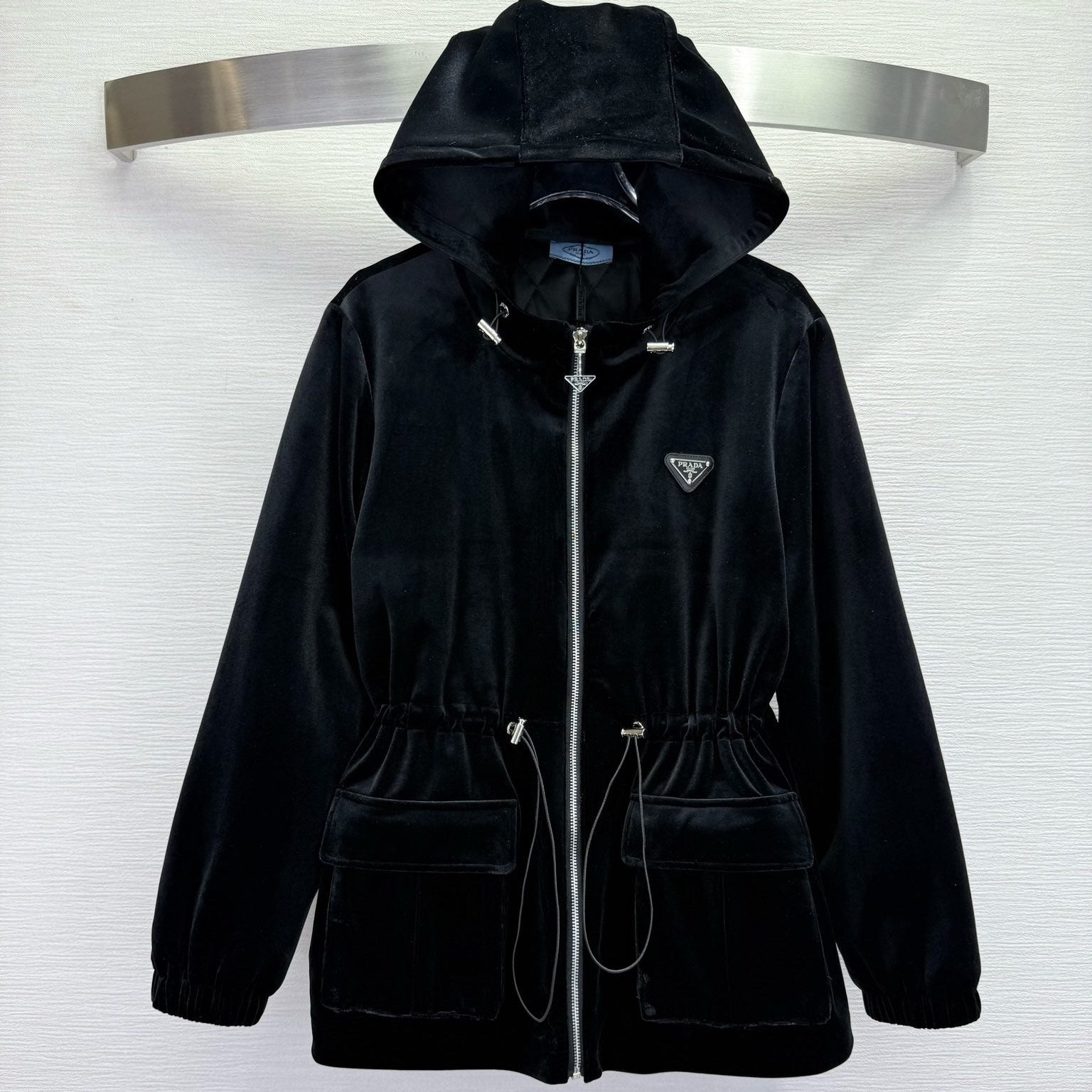 Prada 2025 Drawstring Waist Hooded Jacket Black Silk Velvet
