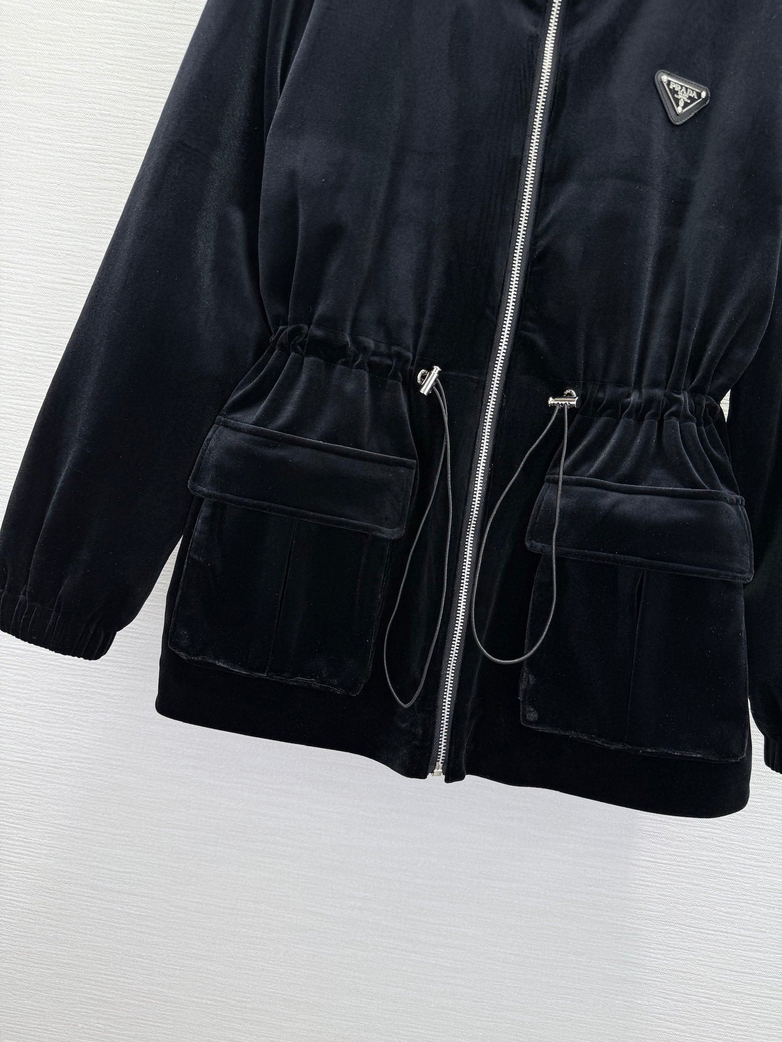 Prada 2025 Drawstring Waist Hooded Jacket Black Silk Velvet