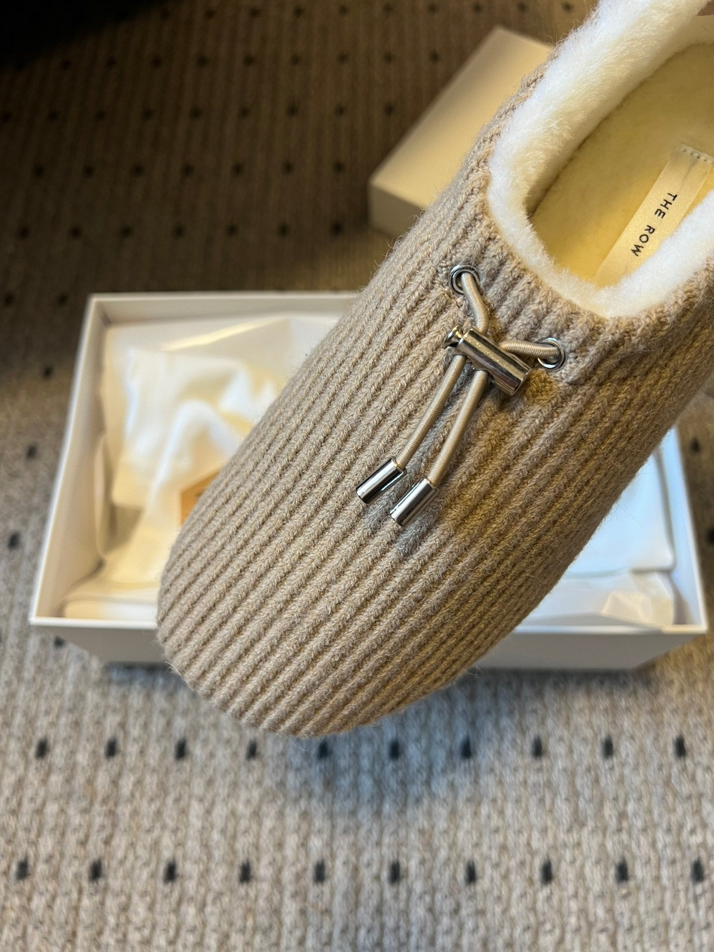 The Row 2025 Striped Furry Slipper Beige White Wool 561638