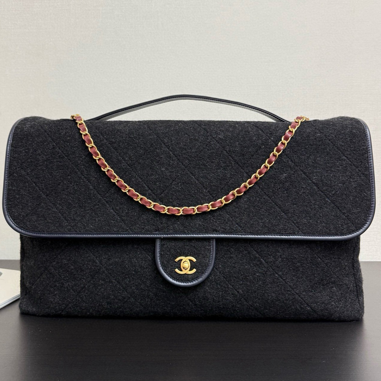 Chanel 2025 Maxi Flap Bag With Top Handle 56cm Black Wool Leather