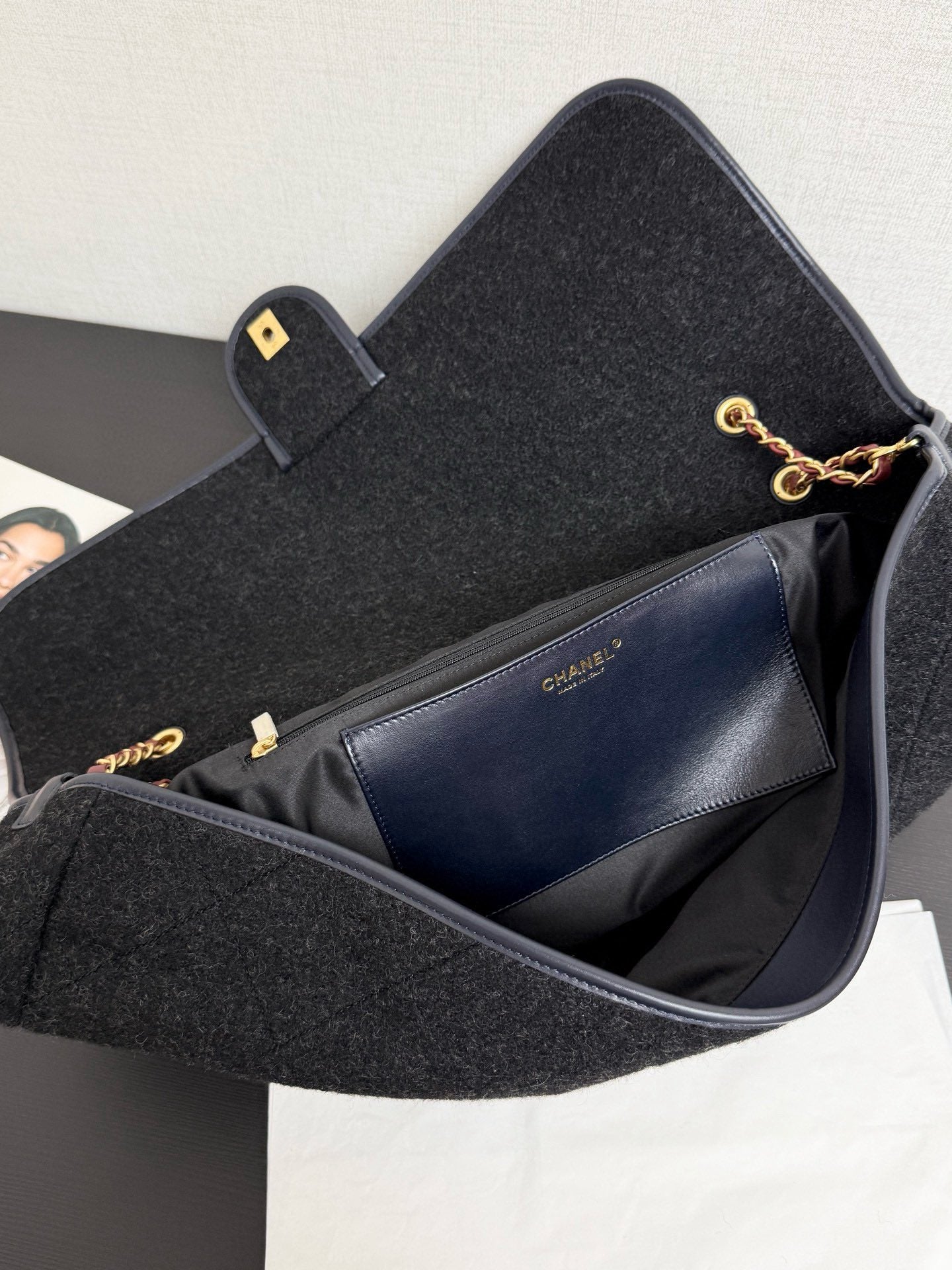 Chanel 2025 Maxi Flap Bag With Top Handle 56cm Black Wool Leather