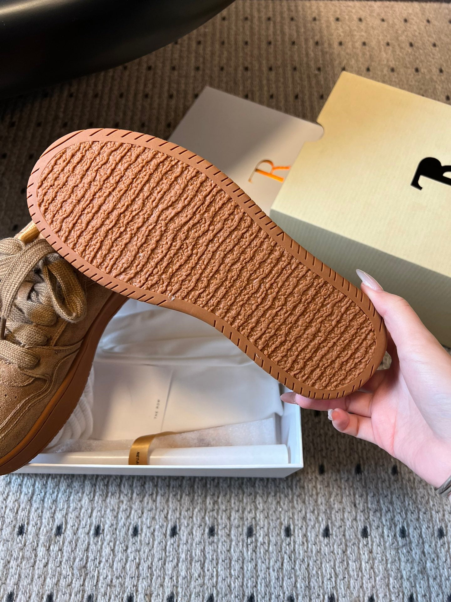 The Row 2025 Smiley Face Sneaker Tan Suede 561651