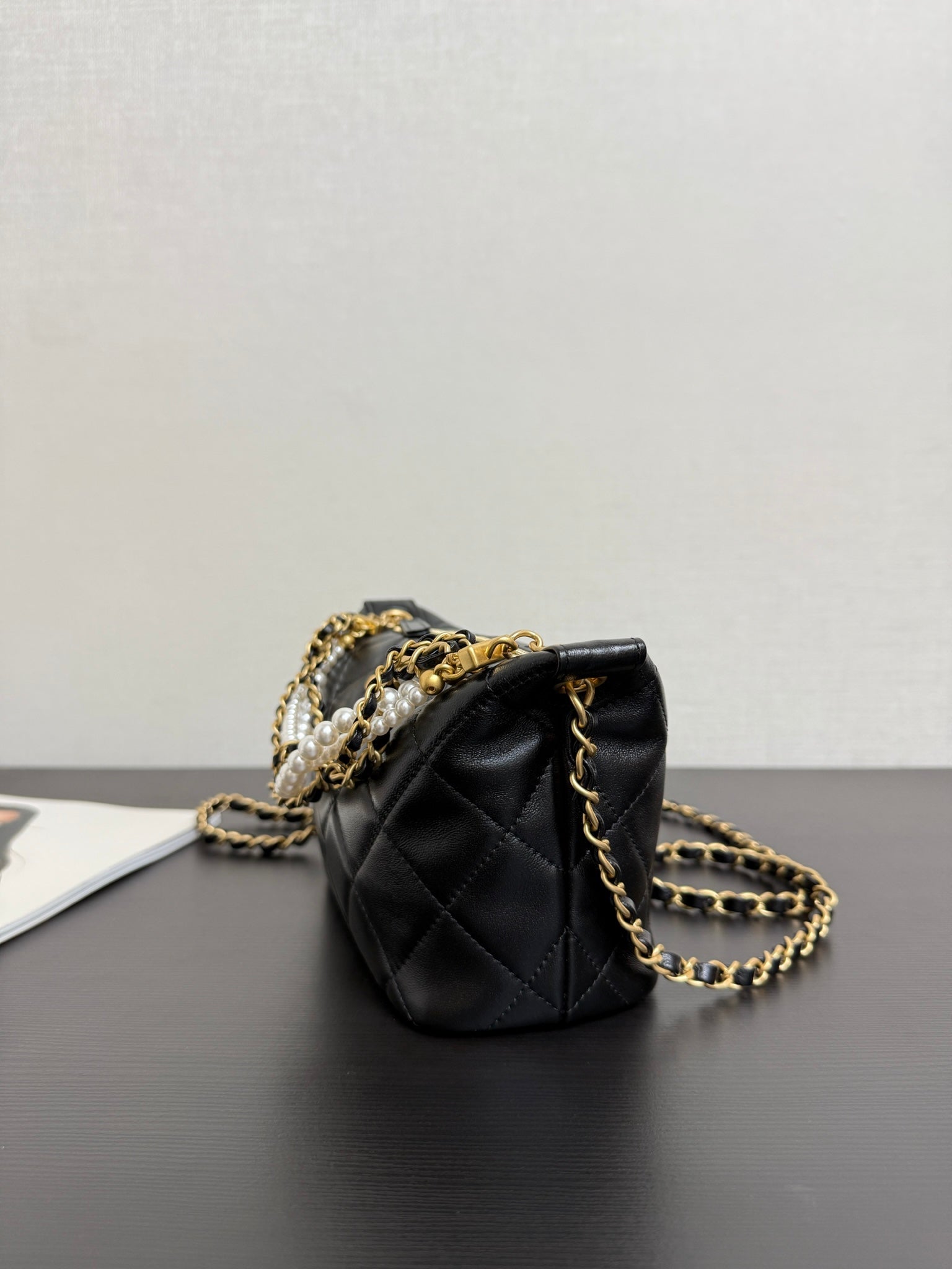 Chanel 2026 Matelassé Pearl Chain Bag Black Lambskin