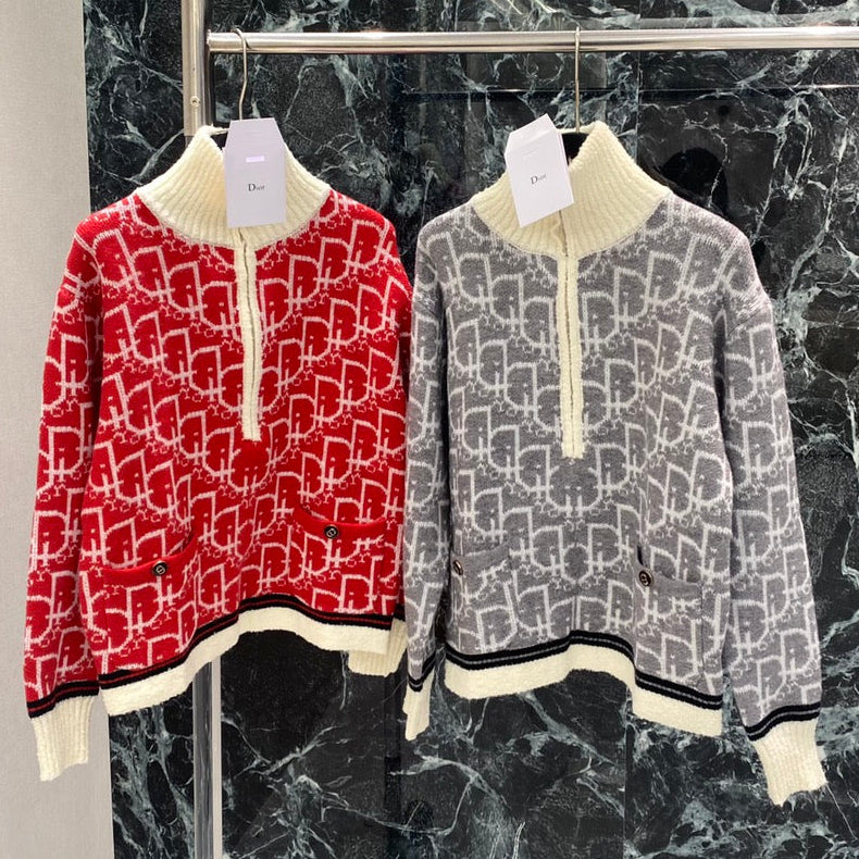Dior 2025 Oblique Half-zip Sweater Gray and Red Wool