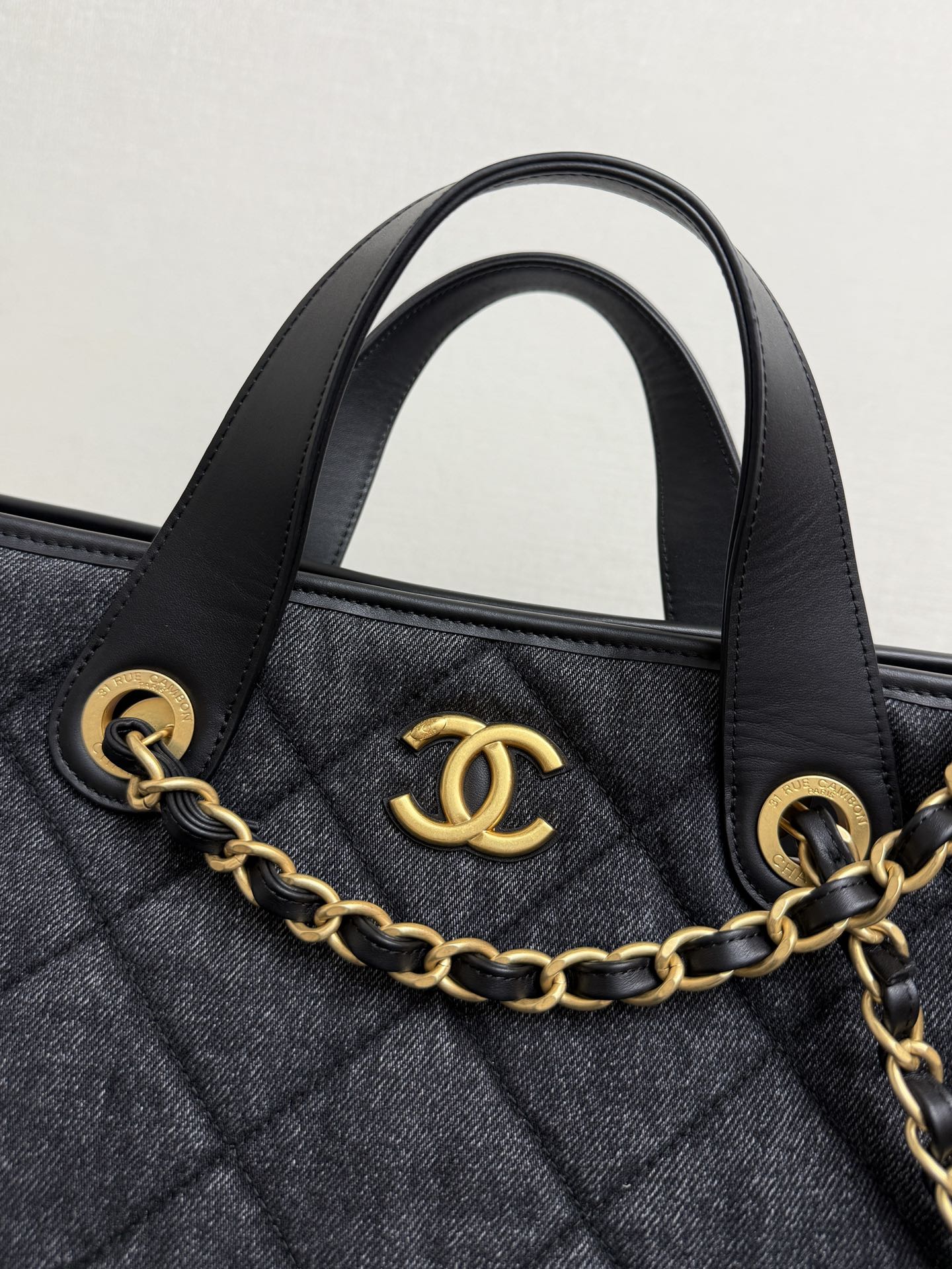 Chanel 2026 Tote Bag 44cm Black Quilted Denim Leather