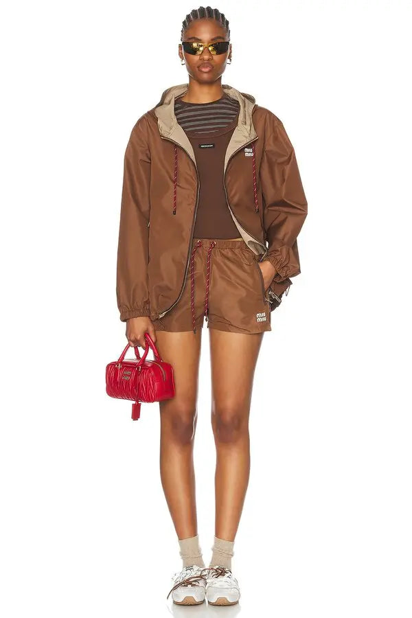 Miu Miu 25 Hooded Short Jacket Cocoa Brown Technical Fabric