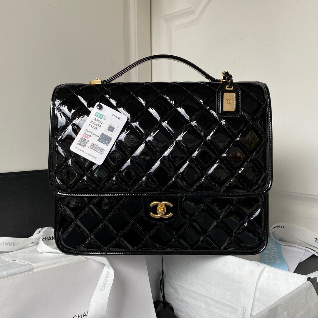 cc large backpack 31cm black patent calfskin gold hardware