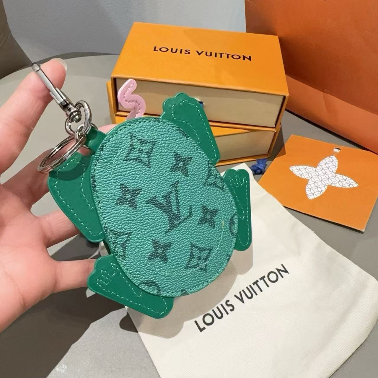 LV Frog Bag Charm Borneo Green Canvas and leather