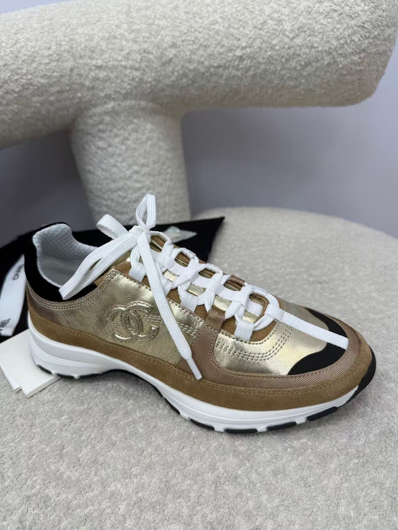 Chanel Sneaker Gold Brown Suede Leather