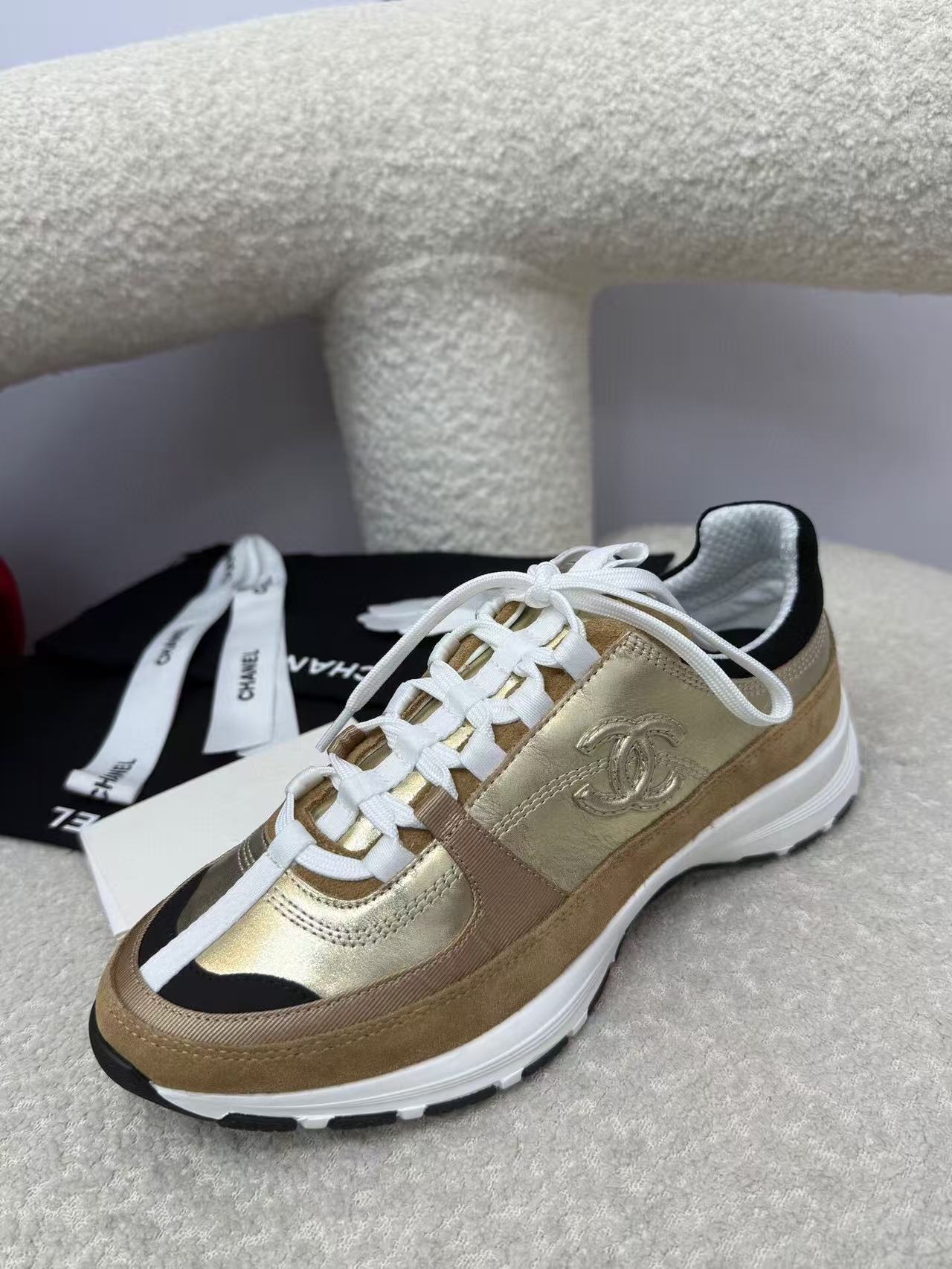 Chanel Sneaker Gold Brown Suede Leather
