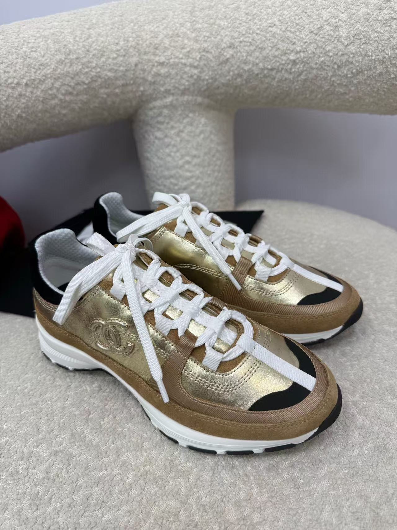 Chanel Sneaker Gold Brown Suede Leather