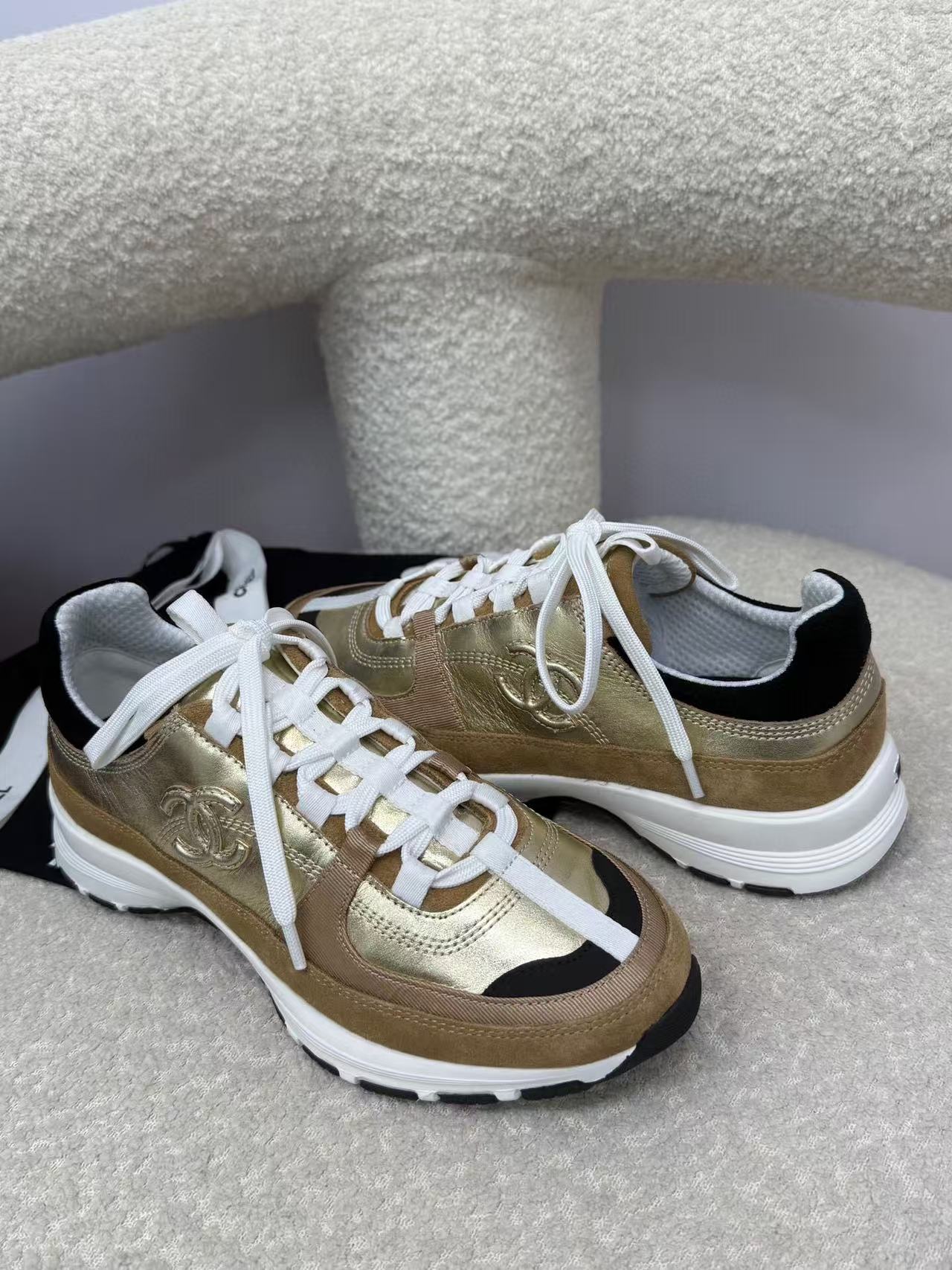 Chanel Sneaker Gold Brown Suede Leather