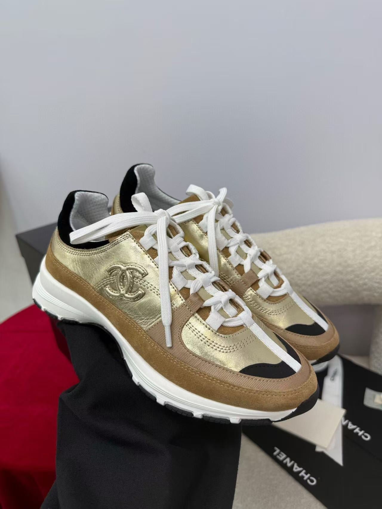 Chanel Sneaker Gold Brown Suede Leather