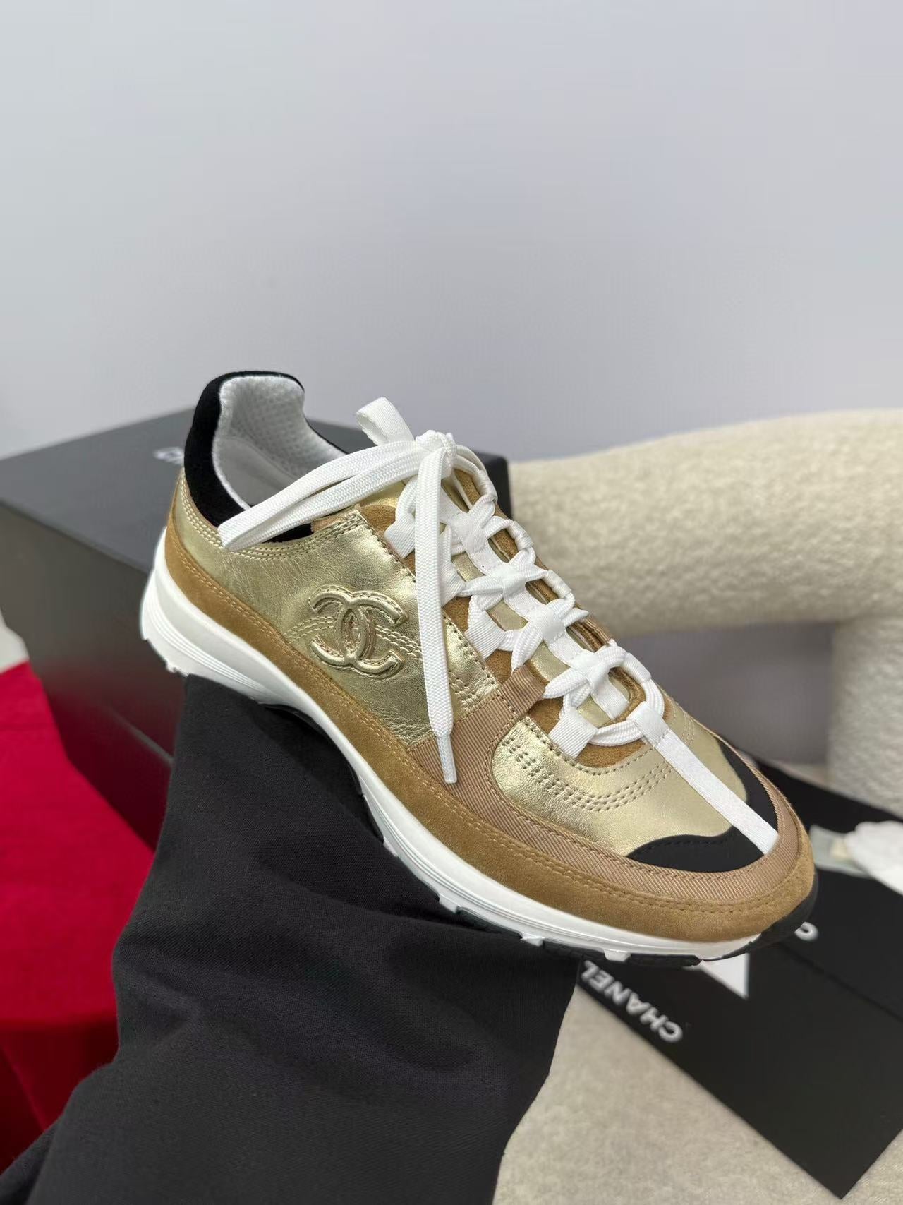 Chanel Sneaker Gold Brown Suede Leather