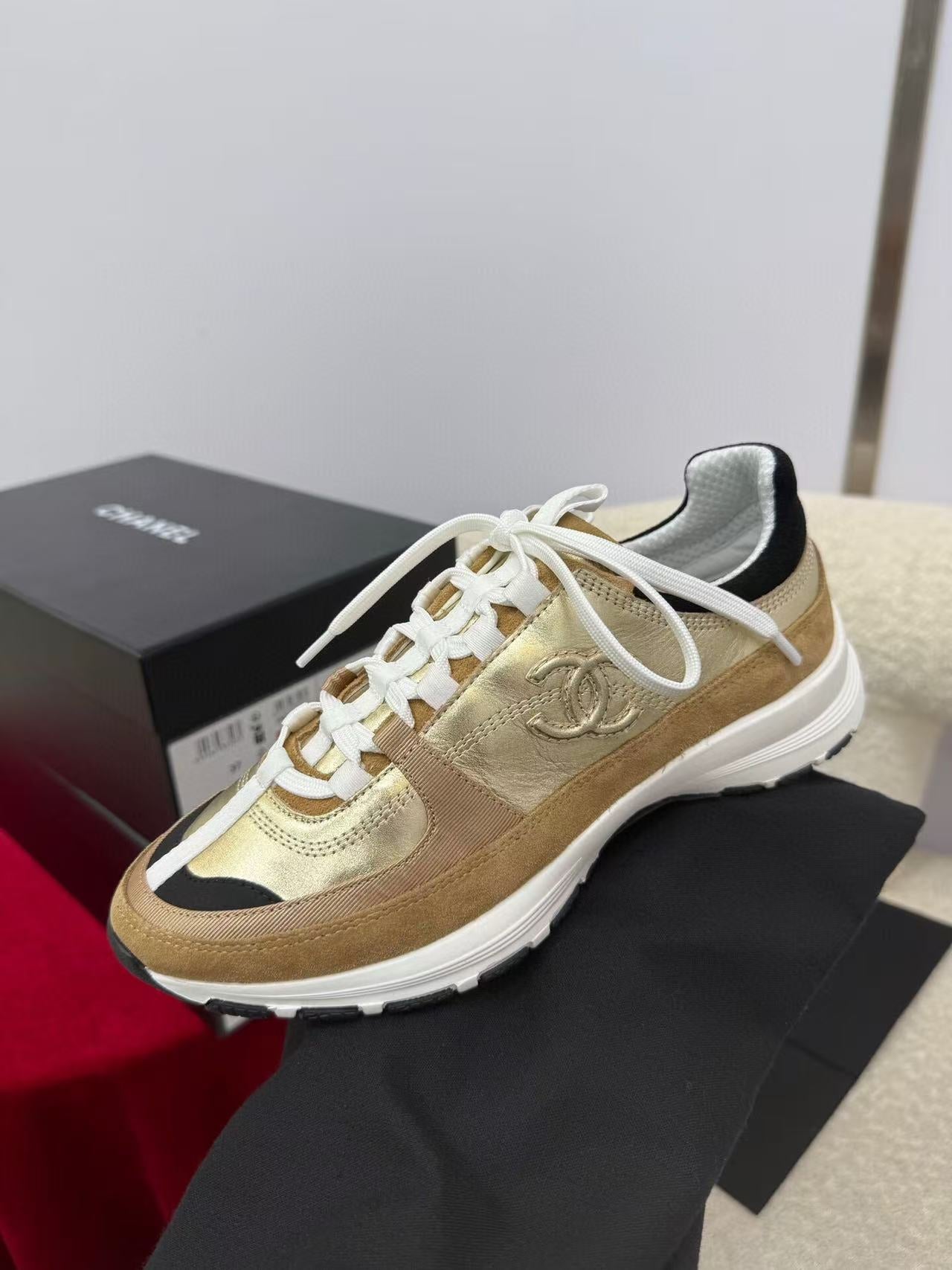 Chanel Sneaker Gold Brown Suede Leather