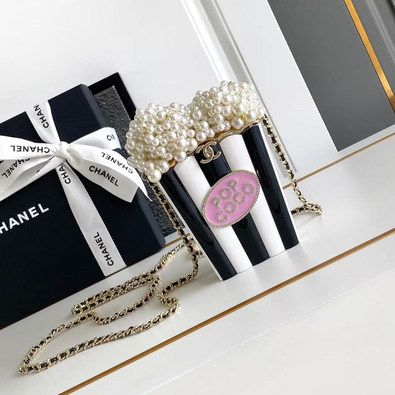 Chanel 25 Popcorn Minaudière Bag Black White Pink Resin