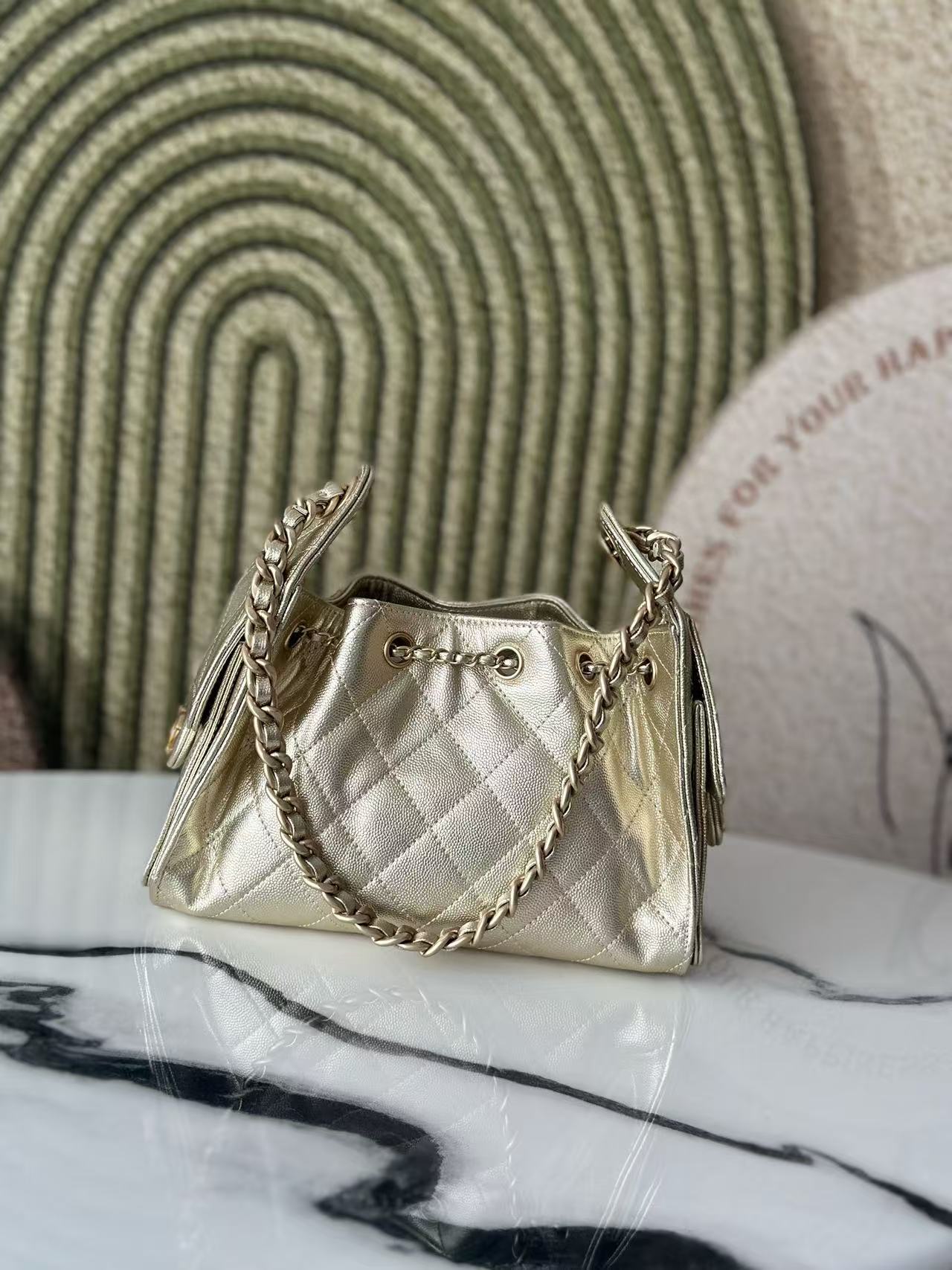 CC 2025 Hobo Bag Gold 22cm Metallic Grained Calfskin