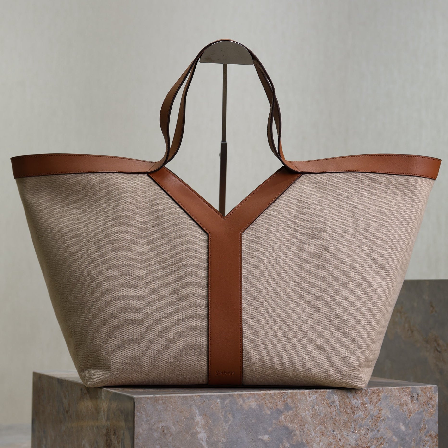 YSL 2025 Y Tote Bag 50cm Beige Brown Canvas Leather