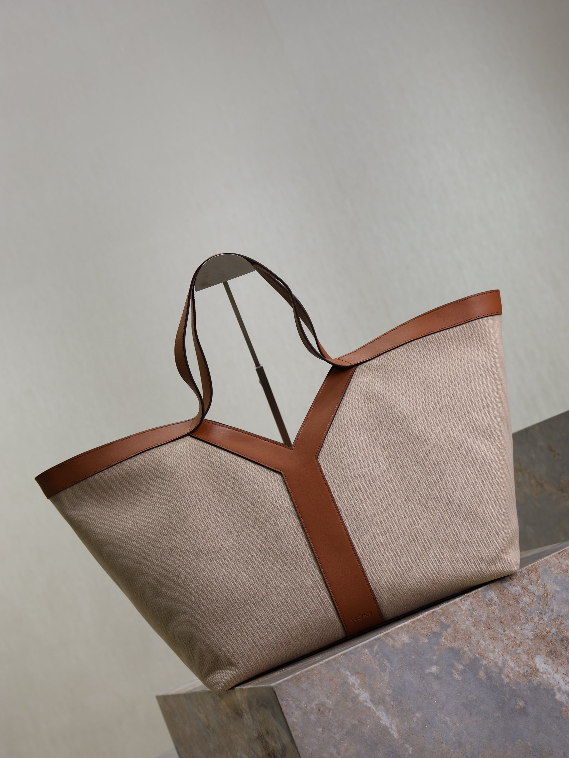 YSL 2025 Y Tote Bag 50cm Beige Brown Canvas Leather