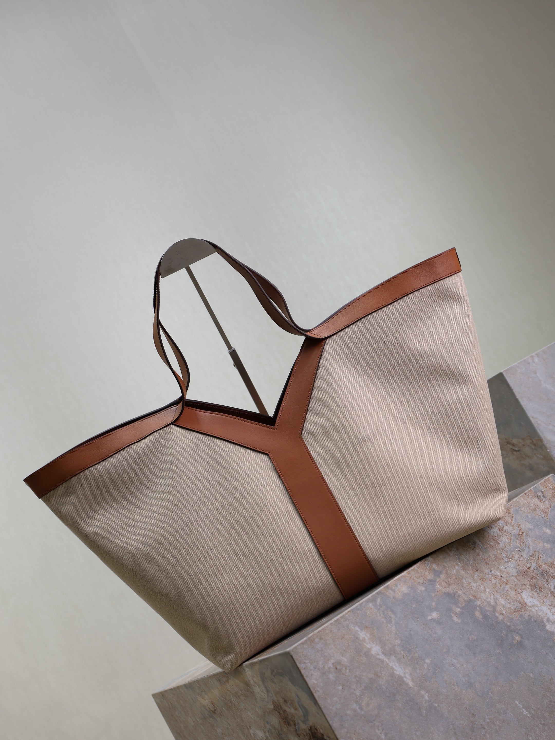 YSL 2025 Y Tote Bag 50cm Beige Brown Canvas Leather