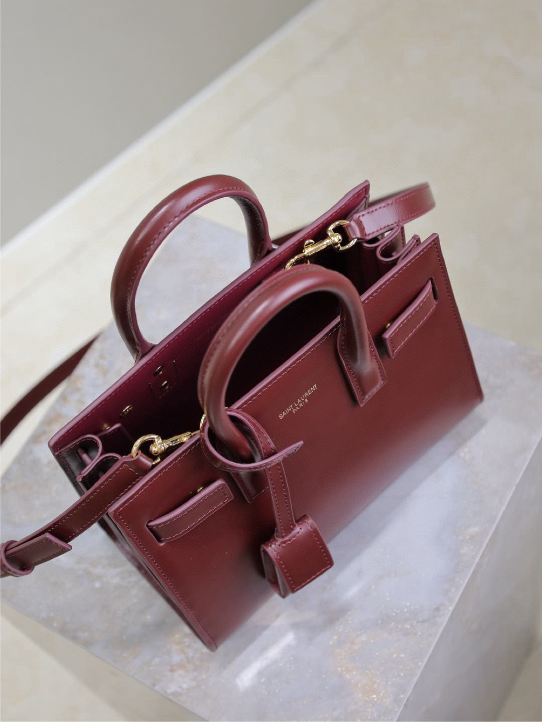 Saint Laurent Sac De Jour Nano Tote Bag Burgundy Calfskin