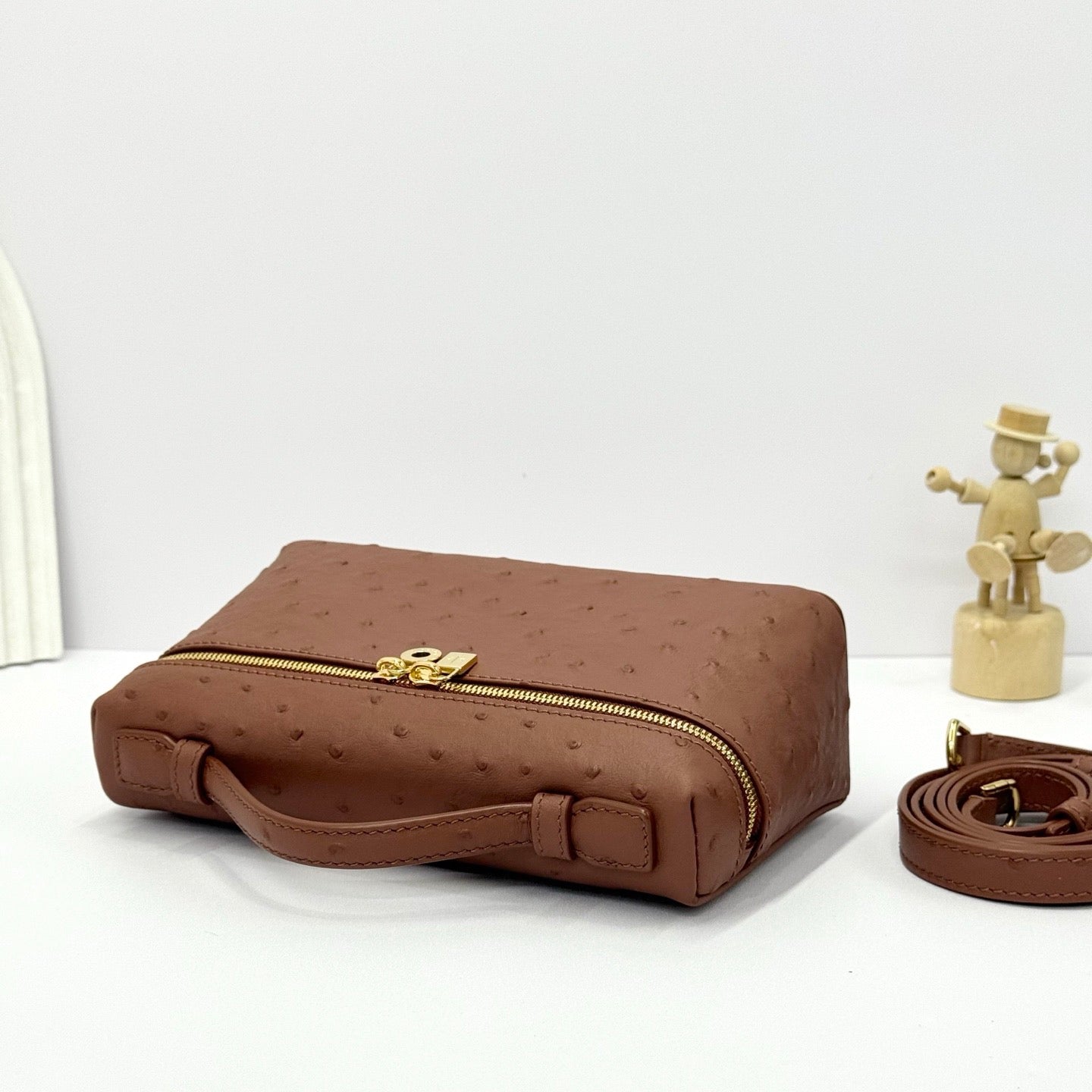 LP Extra Bag Ostrich Pattern Brown Gold Buckle Calfskin