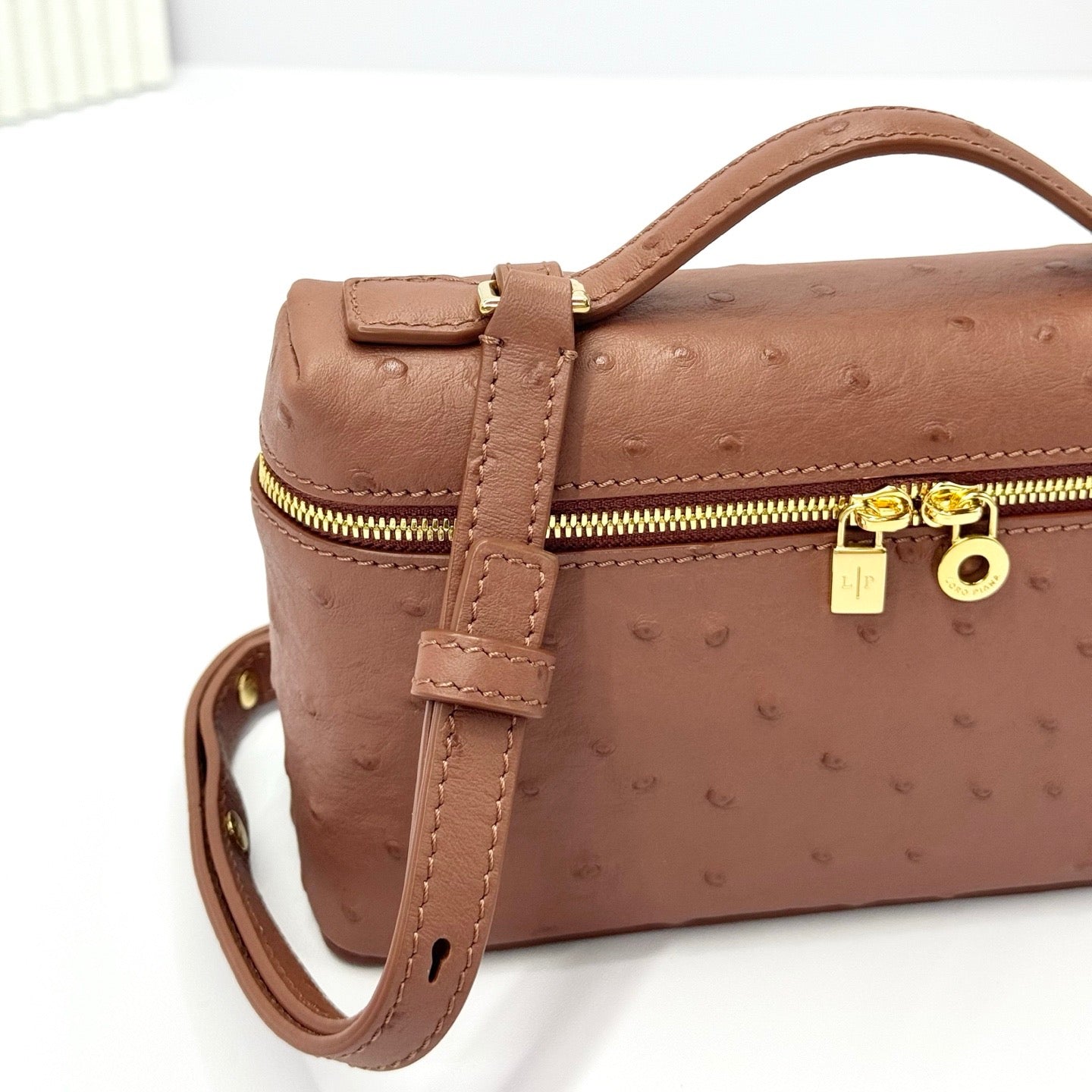 LP Extra Bag Ostrich Pattern Brown Gold Buckle Calfskin