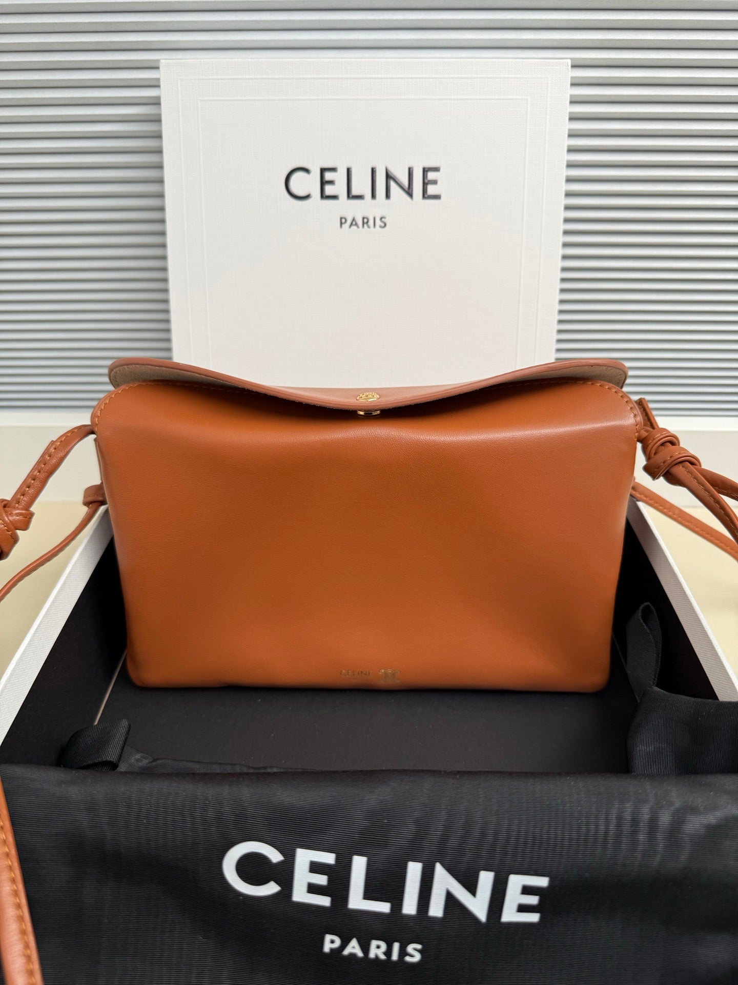 Celine 2025 Trio Flap Bag 22cm Brown Smooth Lambskin Leather