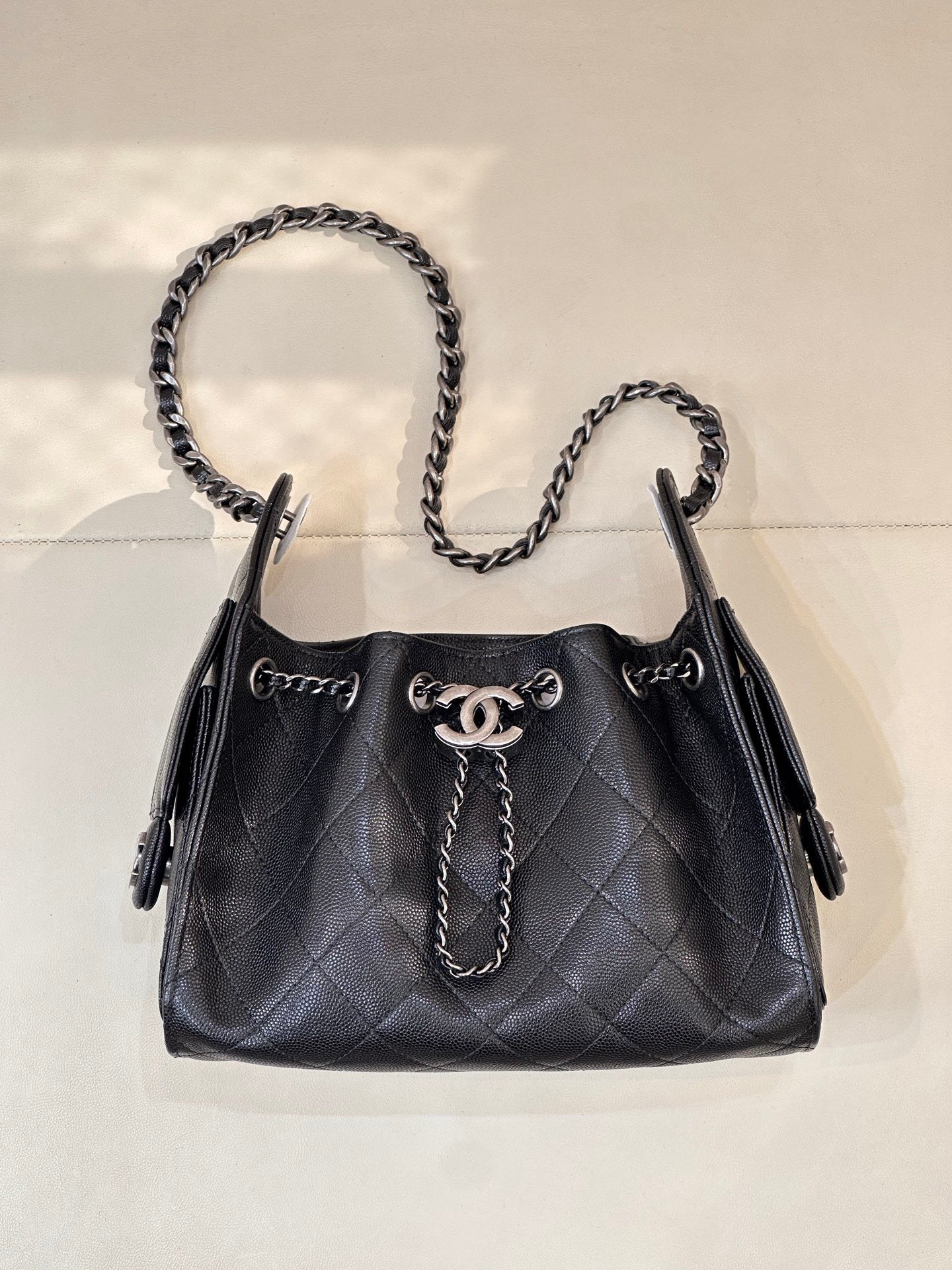 Chanel 2025 Hobo Bag 22cm Black Caviar Leather With Silver Hardware