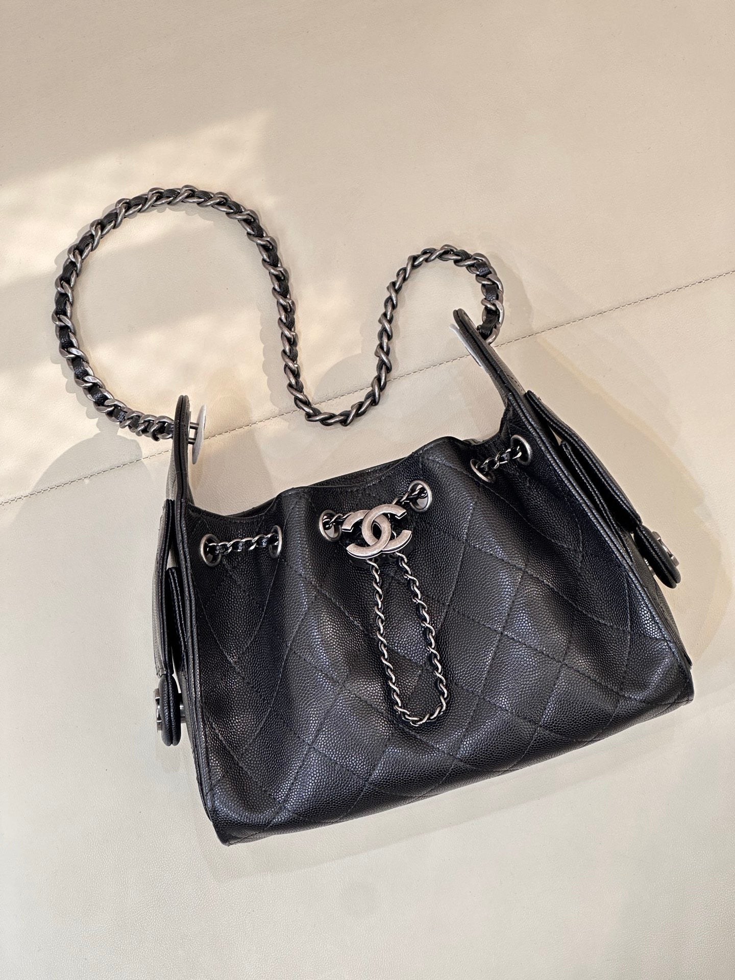 Chanel 2025 Hobo Bag 22cm Black Caviar Leather With Silver Hardware